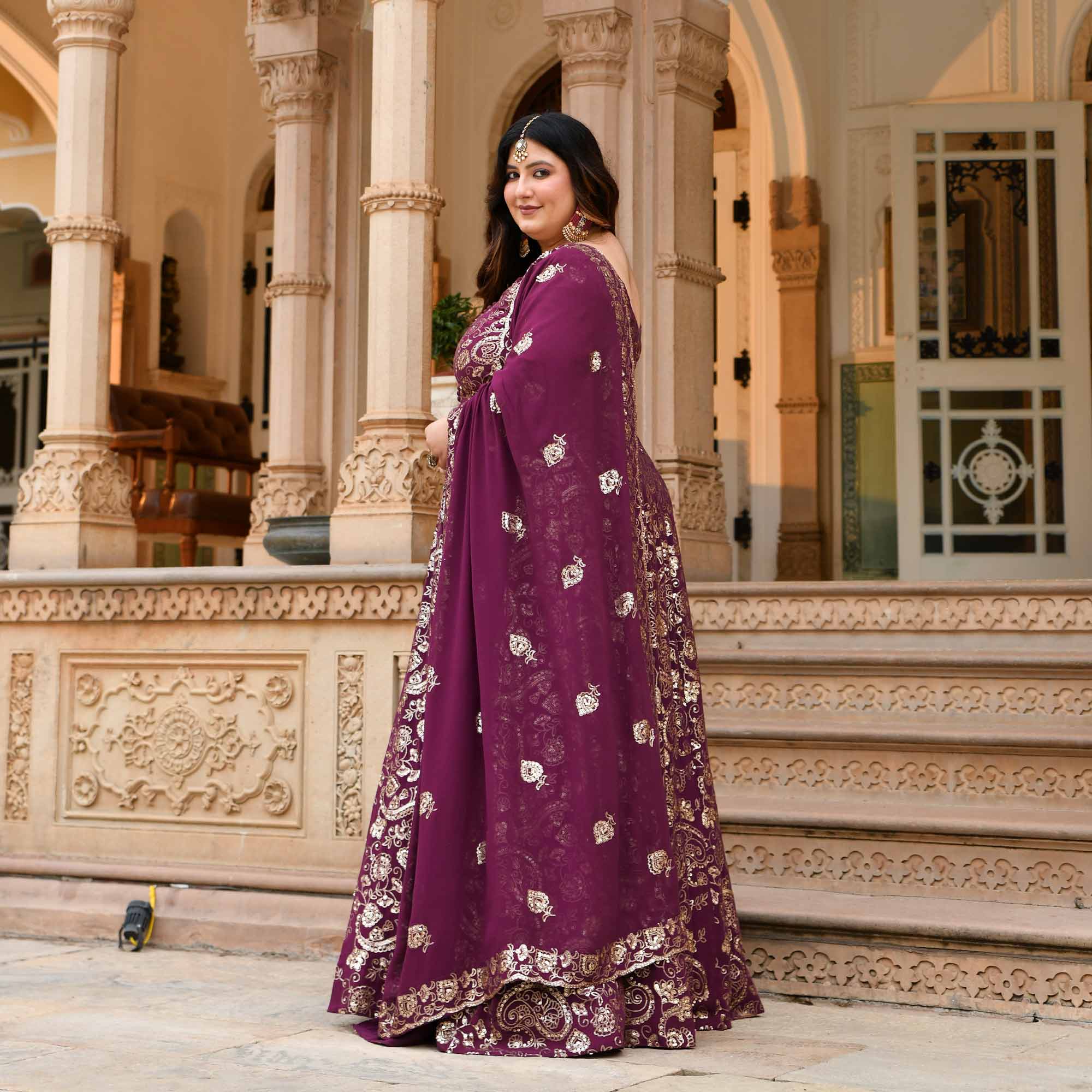 Noorani - Wine Georgette Sequin Embroidery Slit Anarkali Lehenga Set