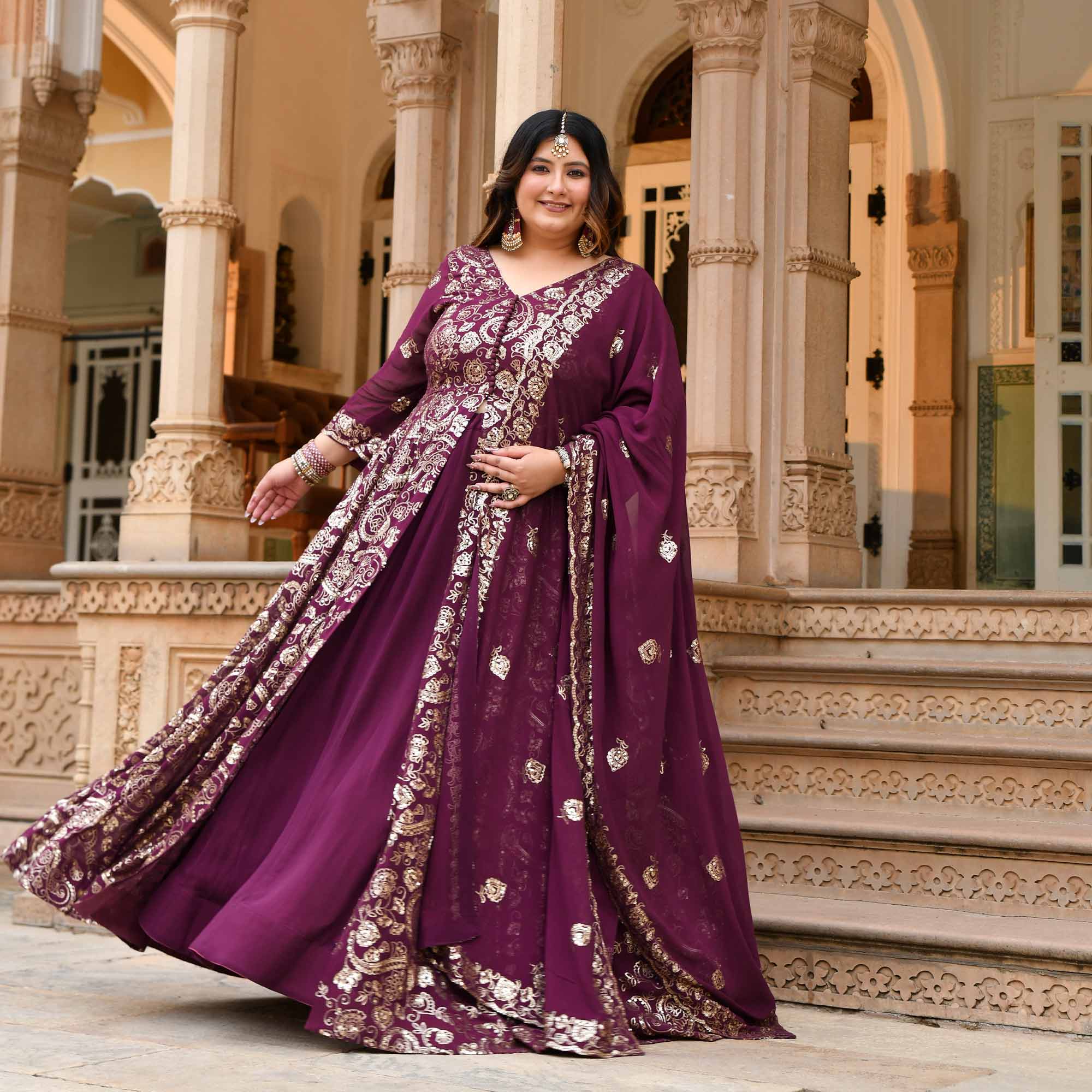 Noorani - Wine Georgette Sequin Embroidery Slit Anarkali Lehenga Set
