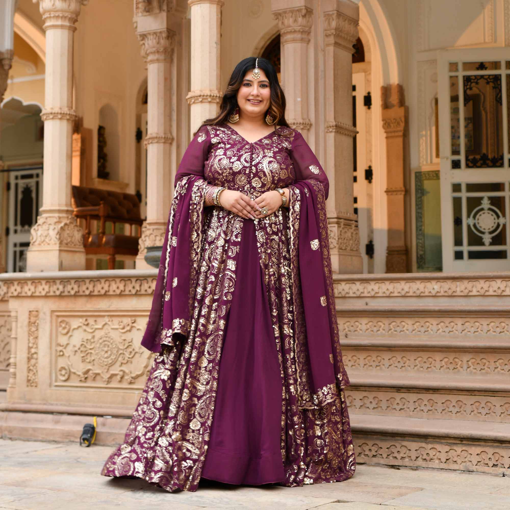Noorani - Wine Georgette Sequin Embroidery Slit Anarkali Lehenga Set