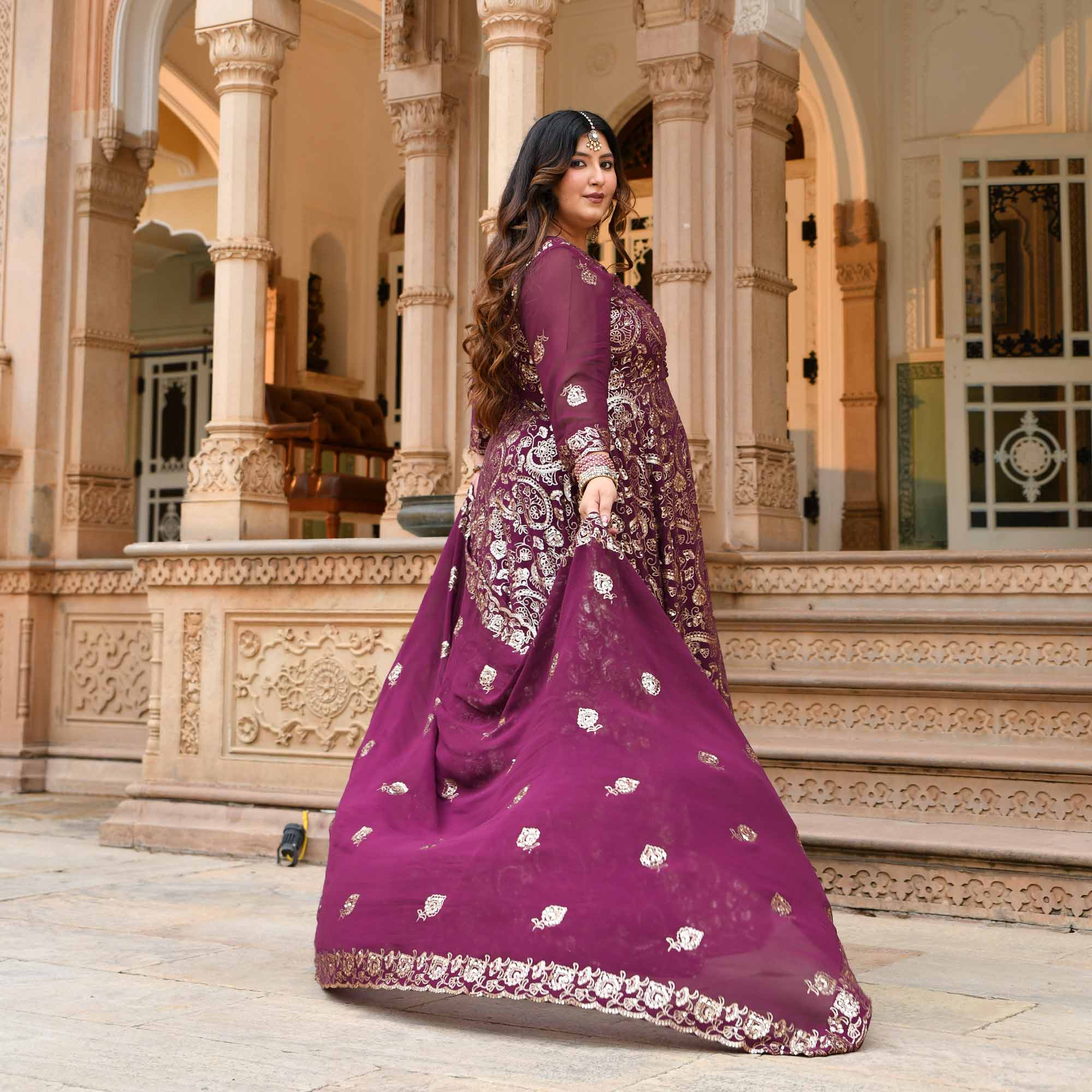 Noorani - Wine Georgette Sequin Embroidery Slit Anarkali Lehenga Set