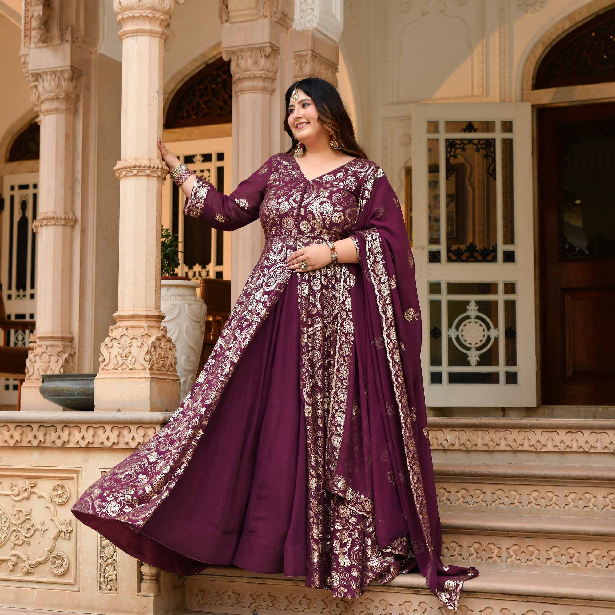 Noorani - Wine Georgette Sequin Embroidery Slit Anarkali Lehenga Set