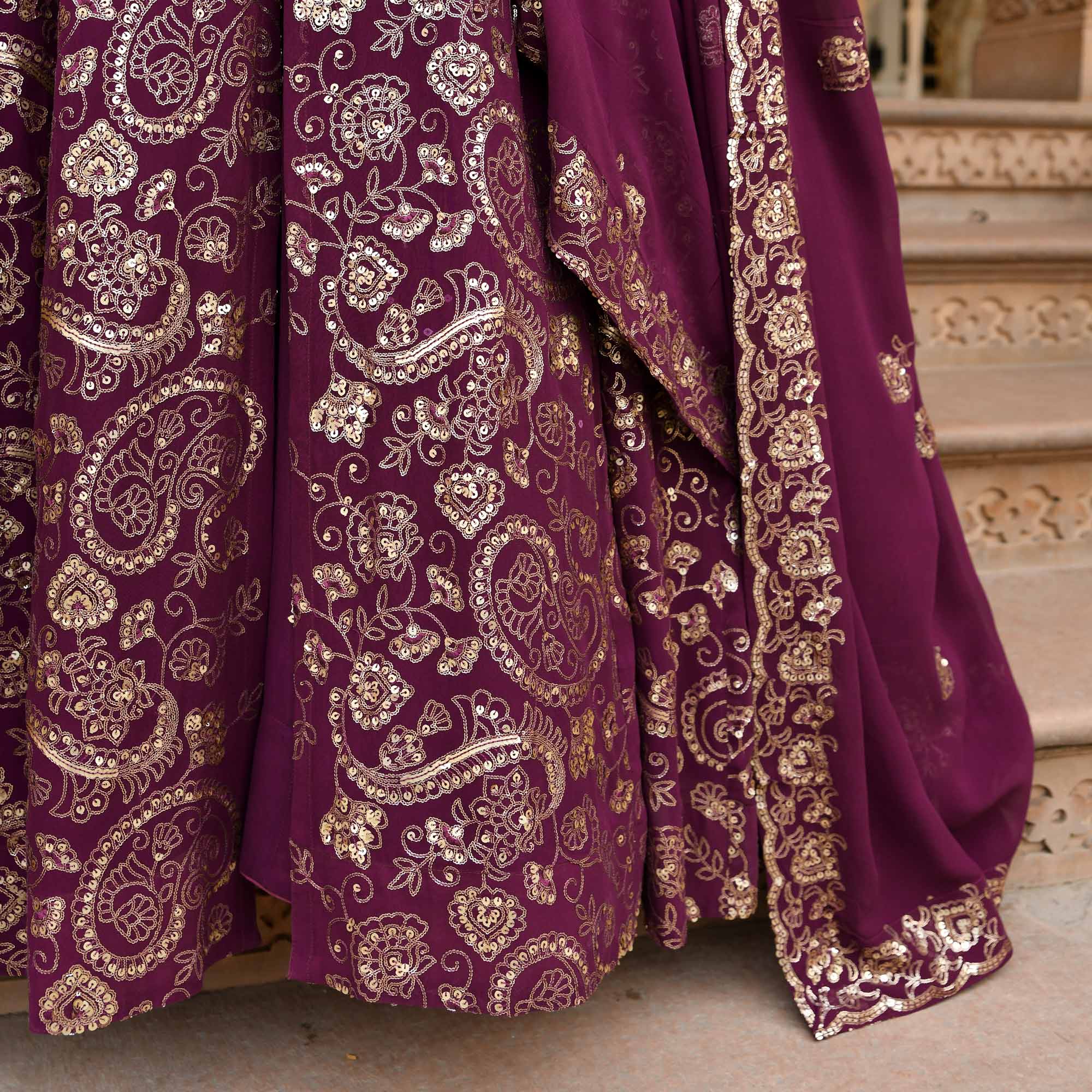 Noorani - Wine Georgette Sequin Embroidery Slit Anarkali Lehenga Set