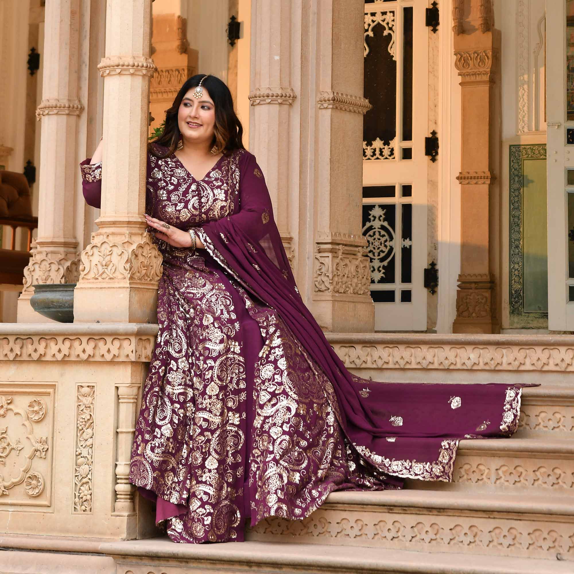 Noorani - Wine Georgette Sequin Embroidery Slit Anarkali Lehenga Set