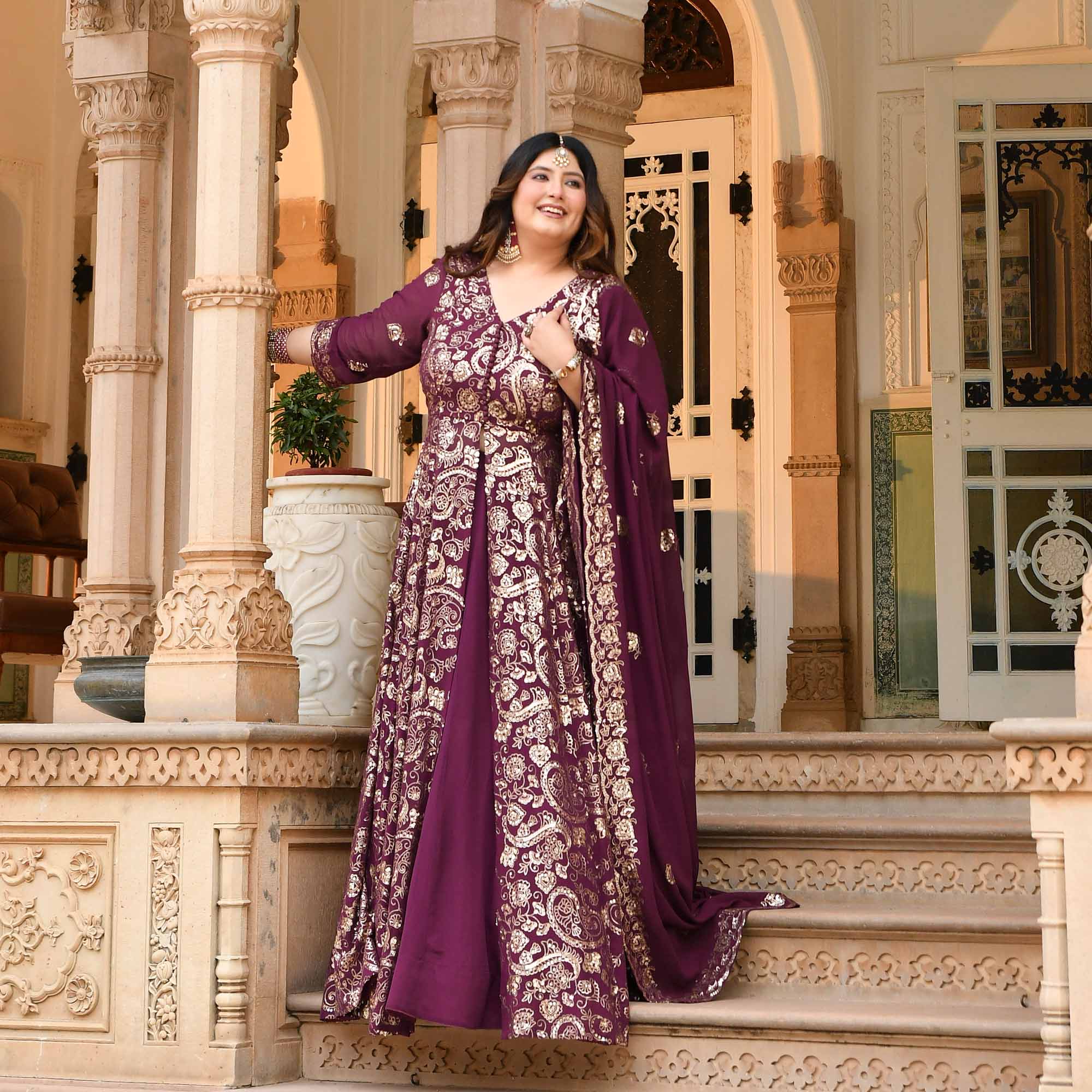 Noorani - Wine Georgette Sequin Embroidery Slit Anarkali Lehenga Set