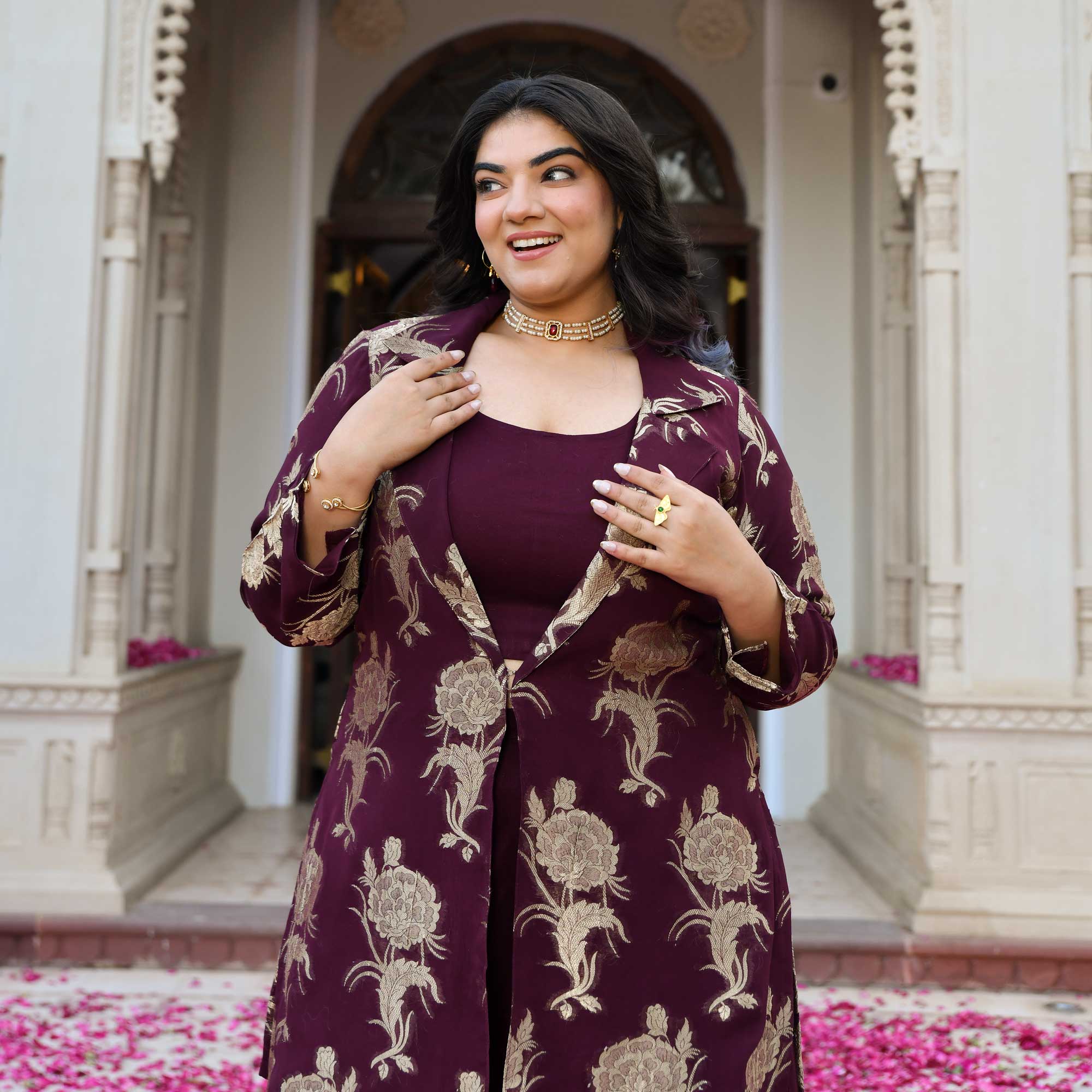 Victoria- Wine Banarasi Pure Georgette Blazer Co-ord Set