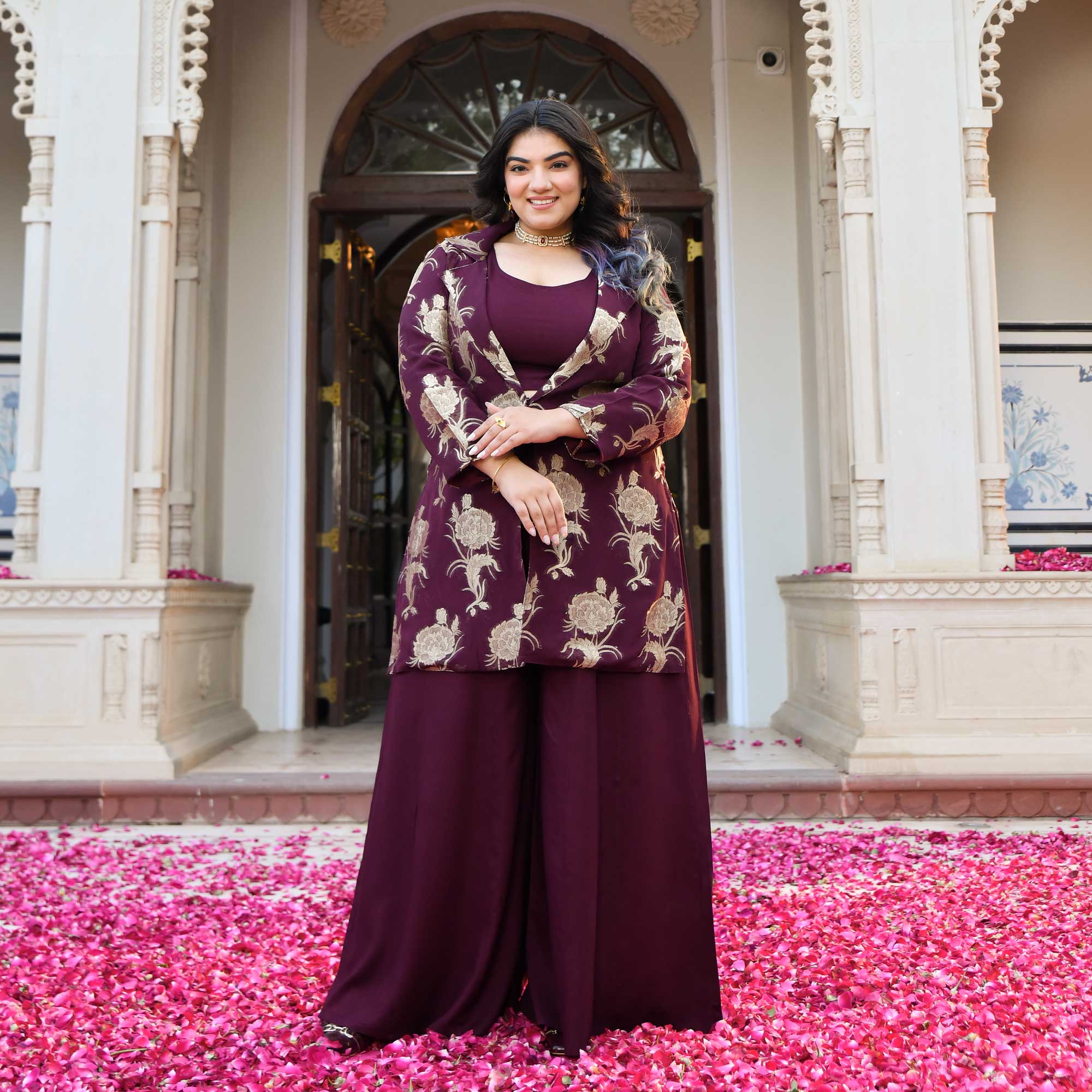 Victoria- Wine Banarasi Pure Georgette Blazer Co-ord Set