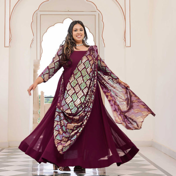 Rich Claret Metallic Sequin Embroidered Anarkali  With Drape