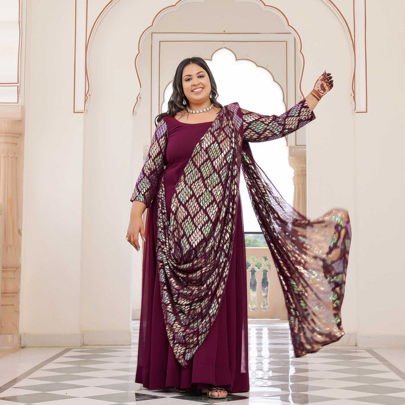 Rich Claret Metallic Sequin Embroidered Anarkali  With Drape