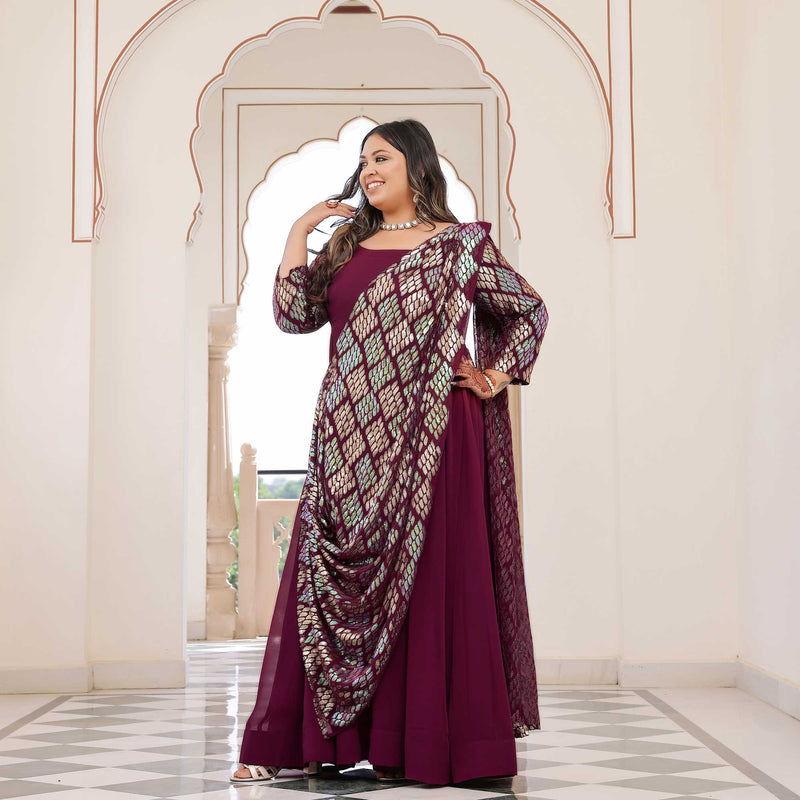 Rich Claret Metallic Sequin Embroidered Anarkali  With Drape