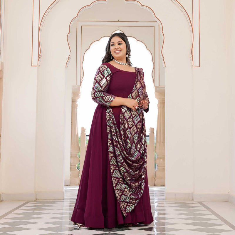 Rich Claret Metallic Sequin Embroidered Anarkali  With Drape