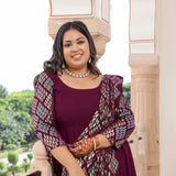 Rich Claret Metallic Sequin Embroidered Anarkali  With Drape