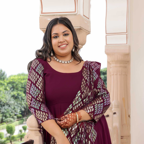 Rich Claret Metallic Sequin Embroidered Anarkali  With Drape