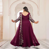 Rich Claret Metallic Sequin Embroidered Anarkali  With Drape