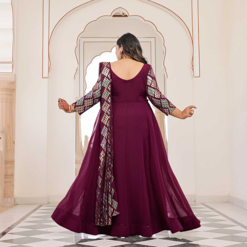 Rich Claret Metallic Sequin Embroidered Anarkali  With Drape