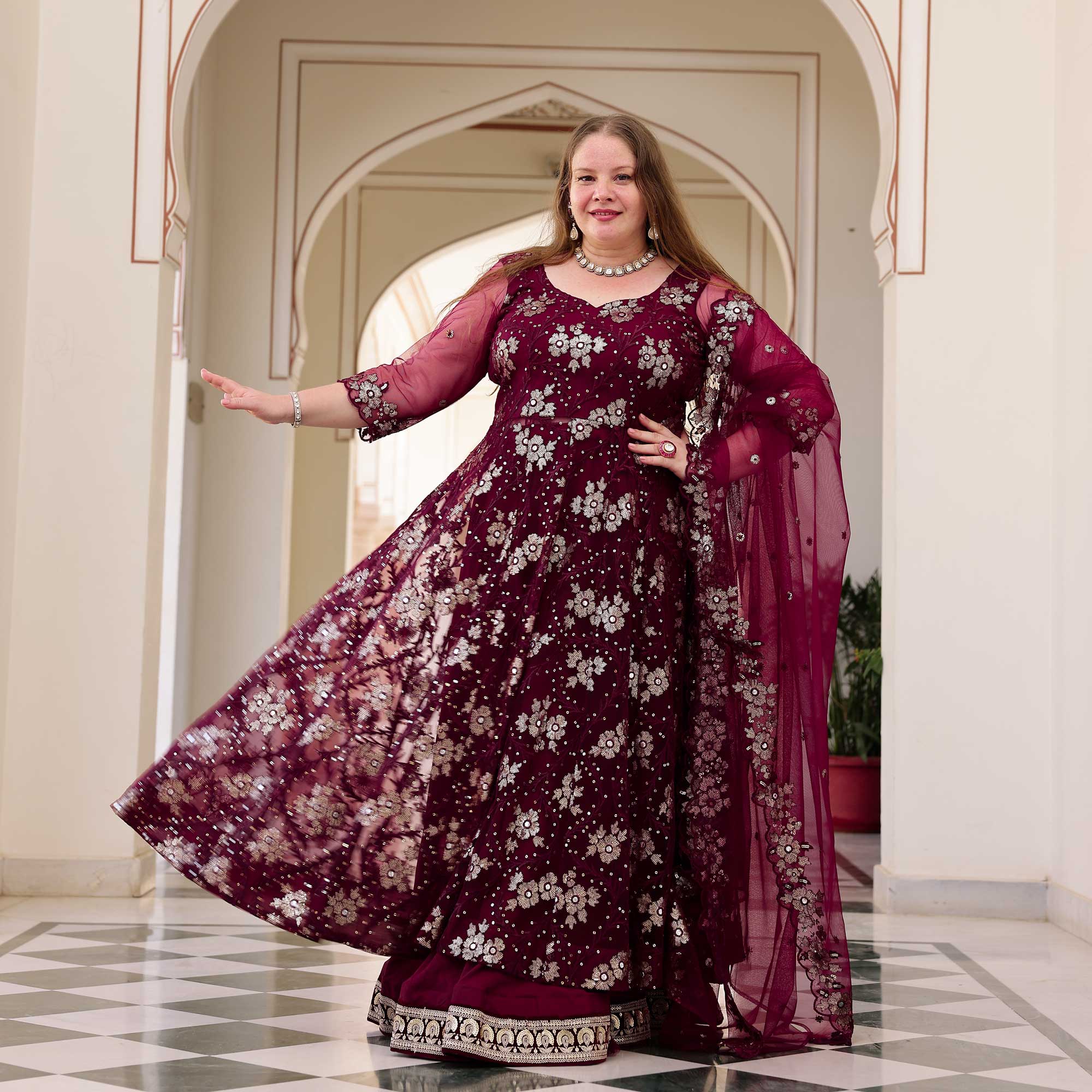 Wineberry Whisper Floral Sequin Net Anarkali Lehenga Set