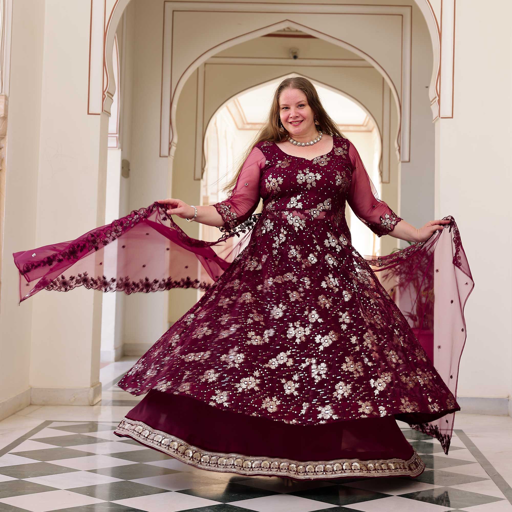 Wineberry Whisper Floral Sequin Net Anarkali Lehenga Set