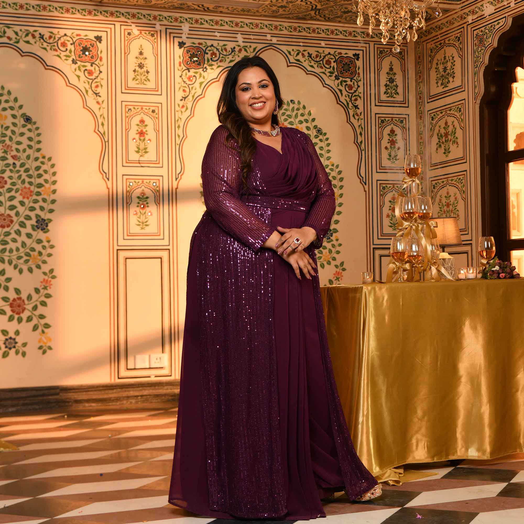 Champagne- Wine Drape Saree Dress with Sequin Embellished  Cape