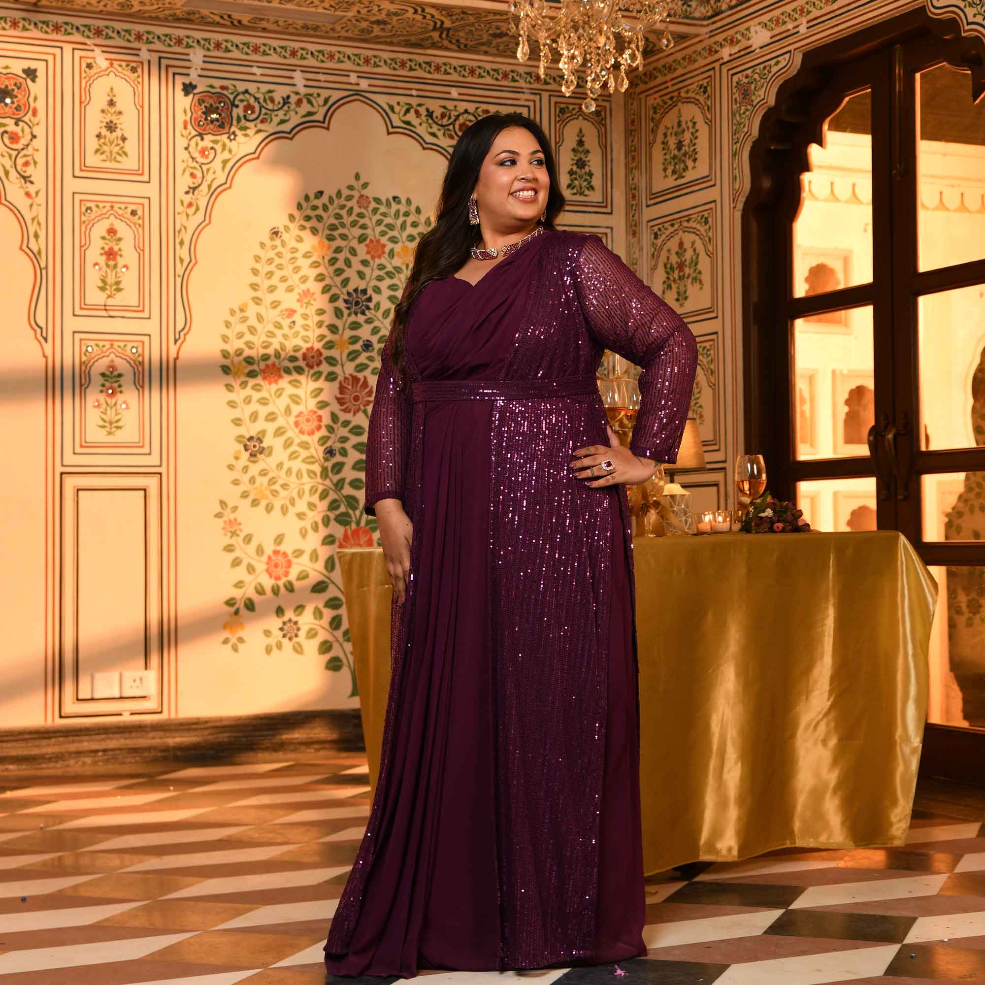 Champagne- Wine Drape Saree Dress with Sequin Embellished  Cape