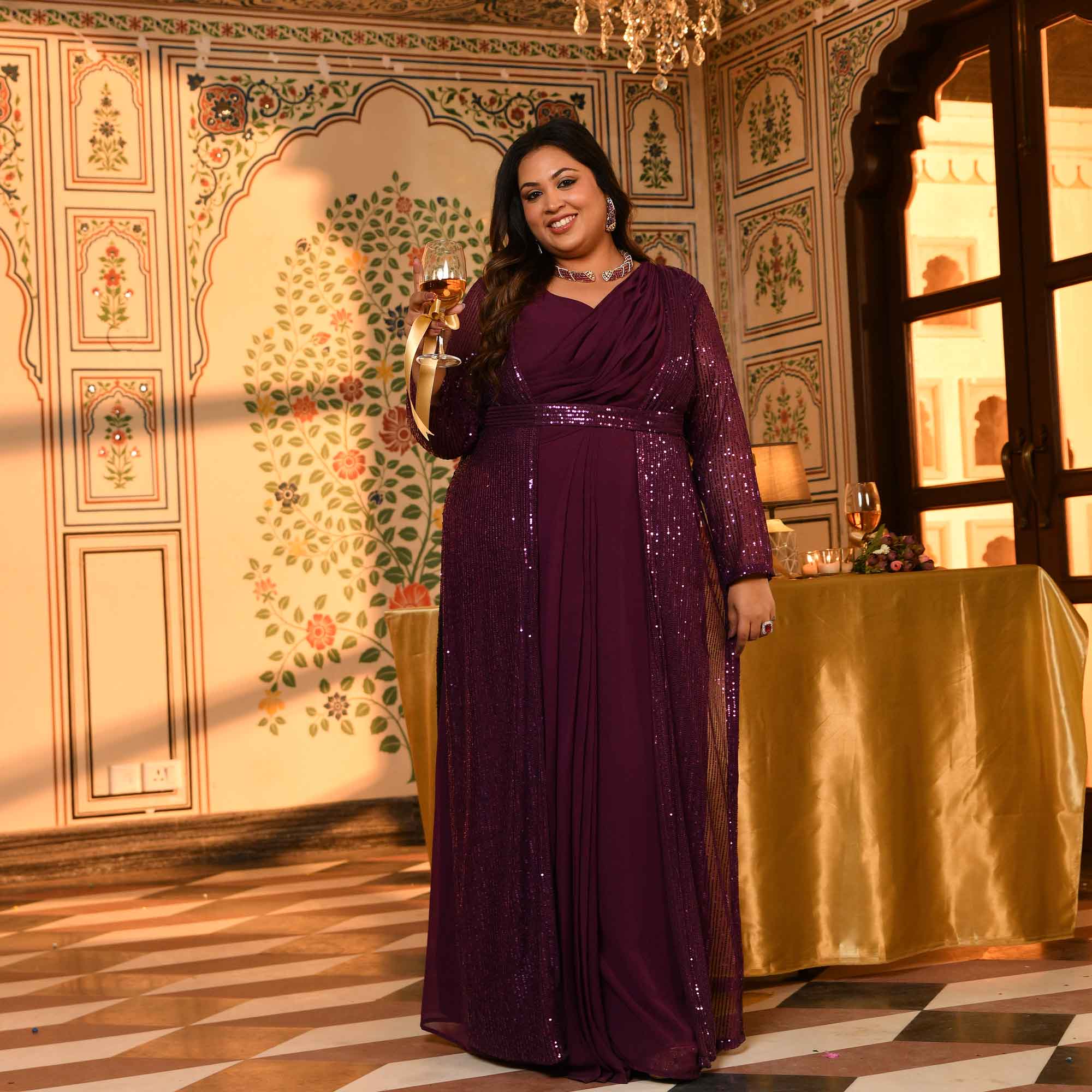 Champagne- Wine Drape Saree Dress with Sequin Embellished  Cape