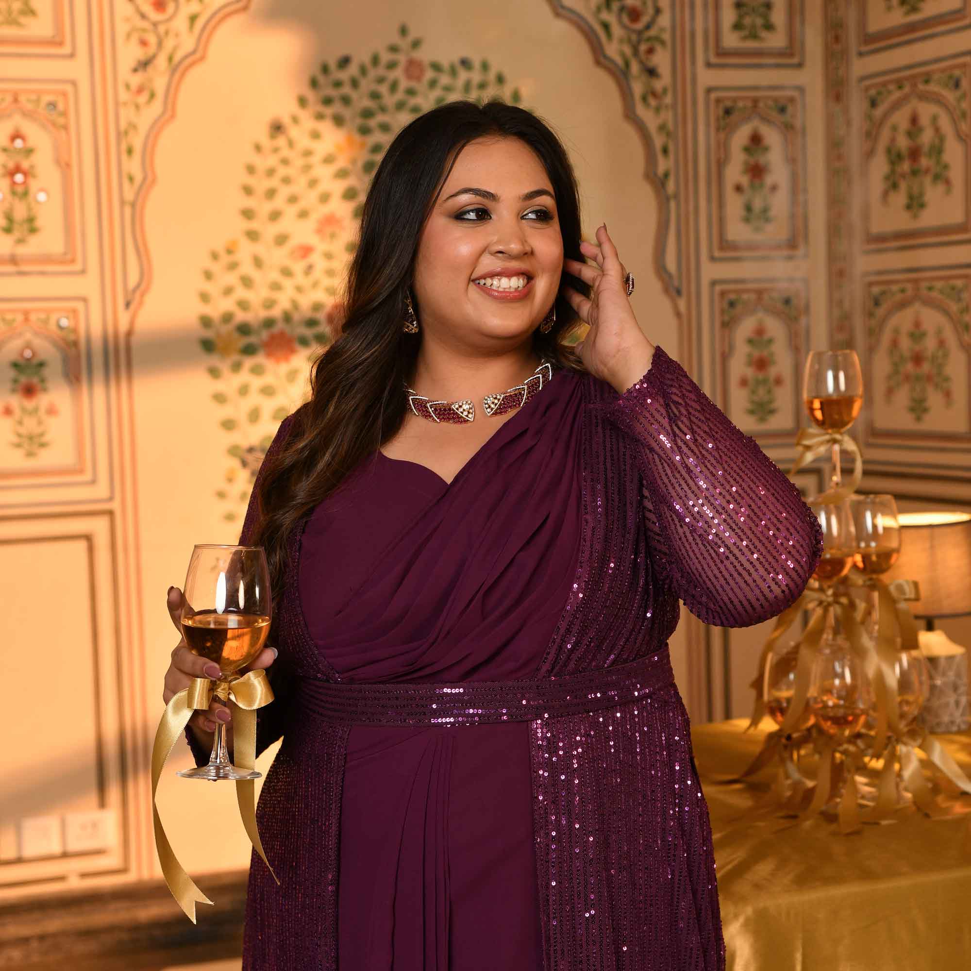 Champagne- Wine Drape Saree Dress with Sequin Embellished  Cape