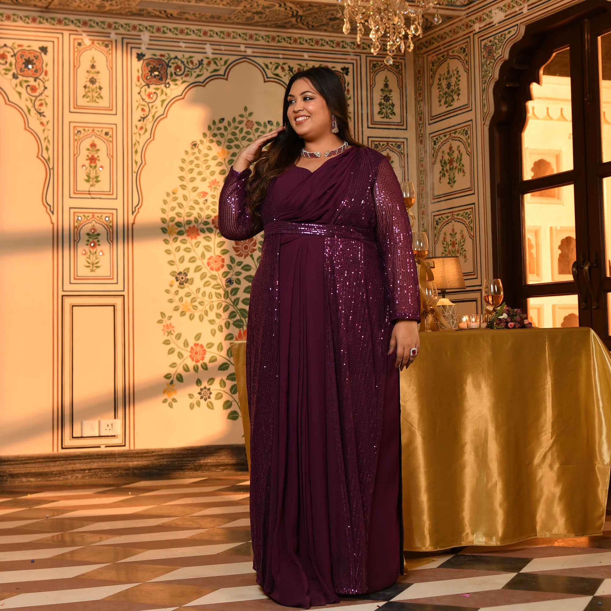 Champagne- Wine Drape Saree Dress with Sequin Embellished  Cape