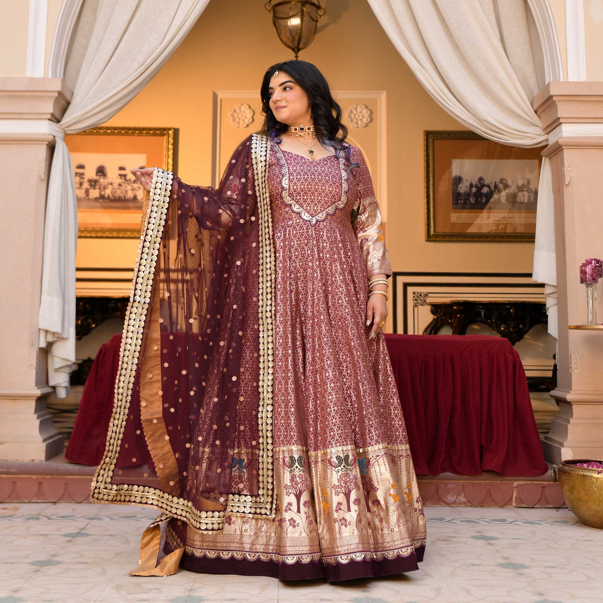 Arunima - Deep Wine Banarasi Silk Anarkali Set