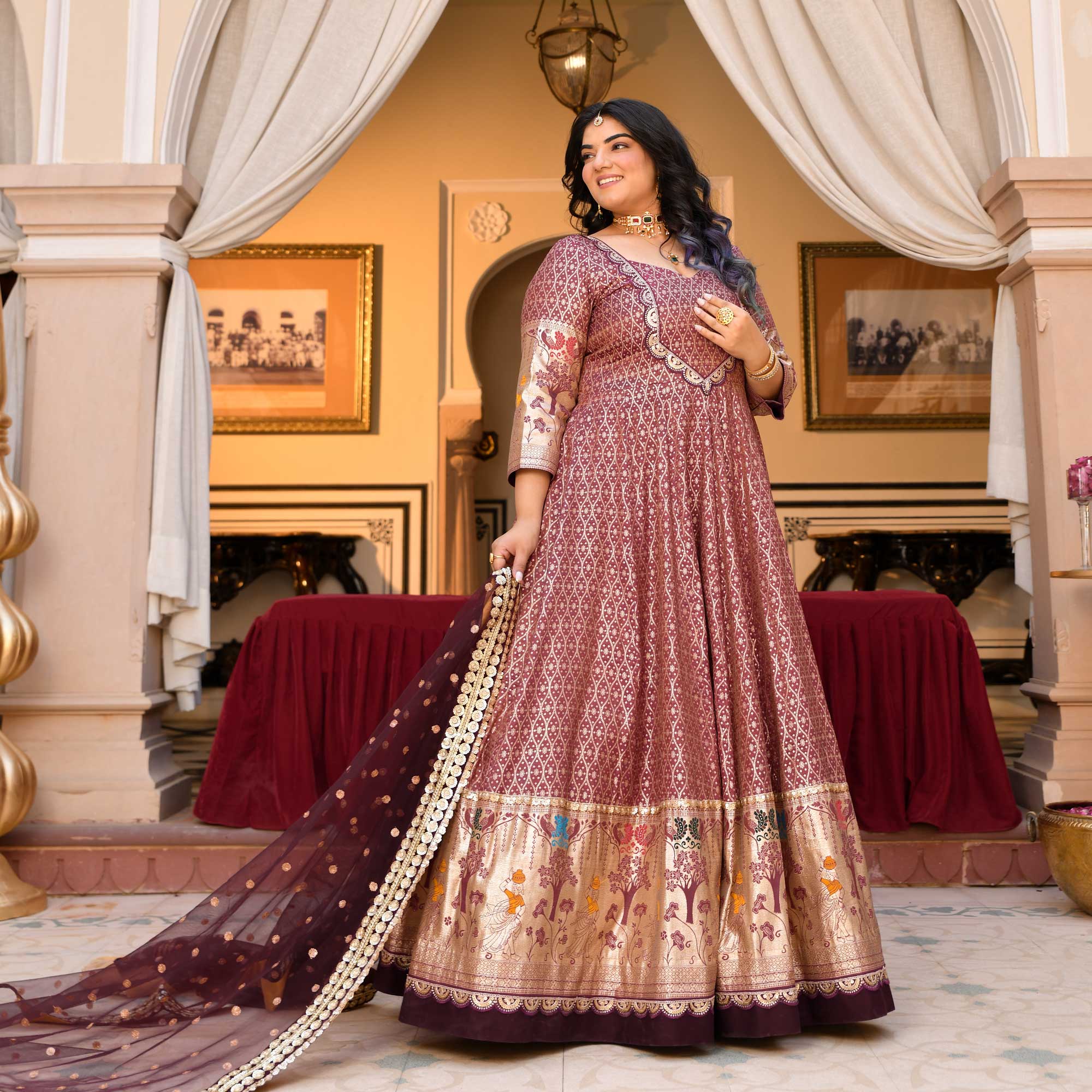Arunima - Deep Wine Banarasi Silk Anarkali Set
