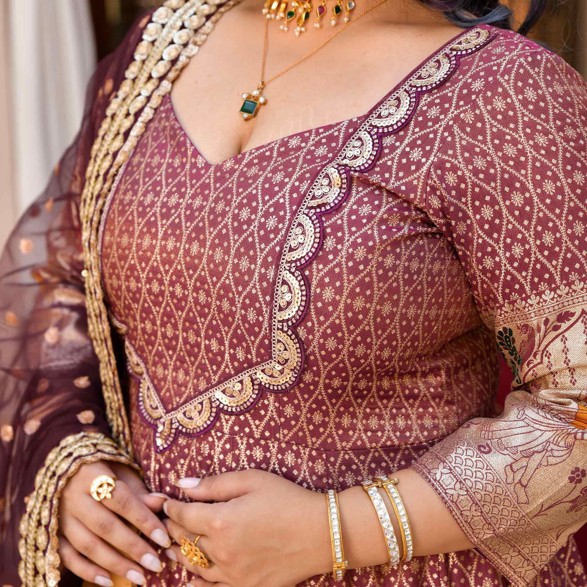 Arunima - Deep Wine Banarasi Silk Anarkali Set