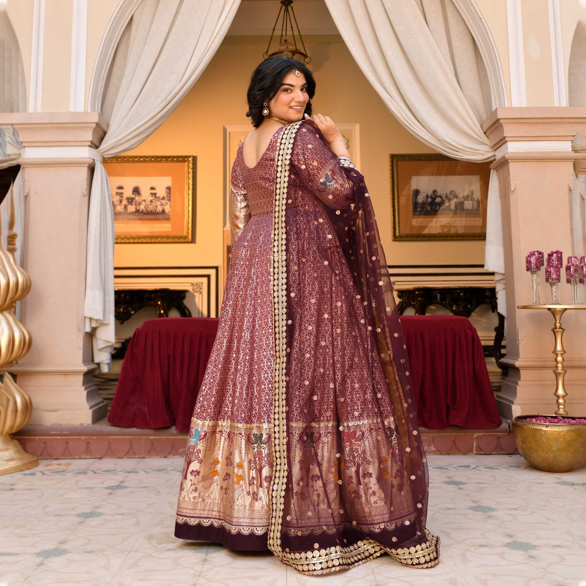 Arunima - Deep Wine Banarasi Silk Anarkali Set