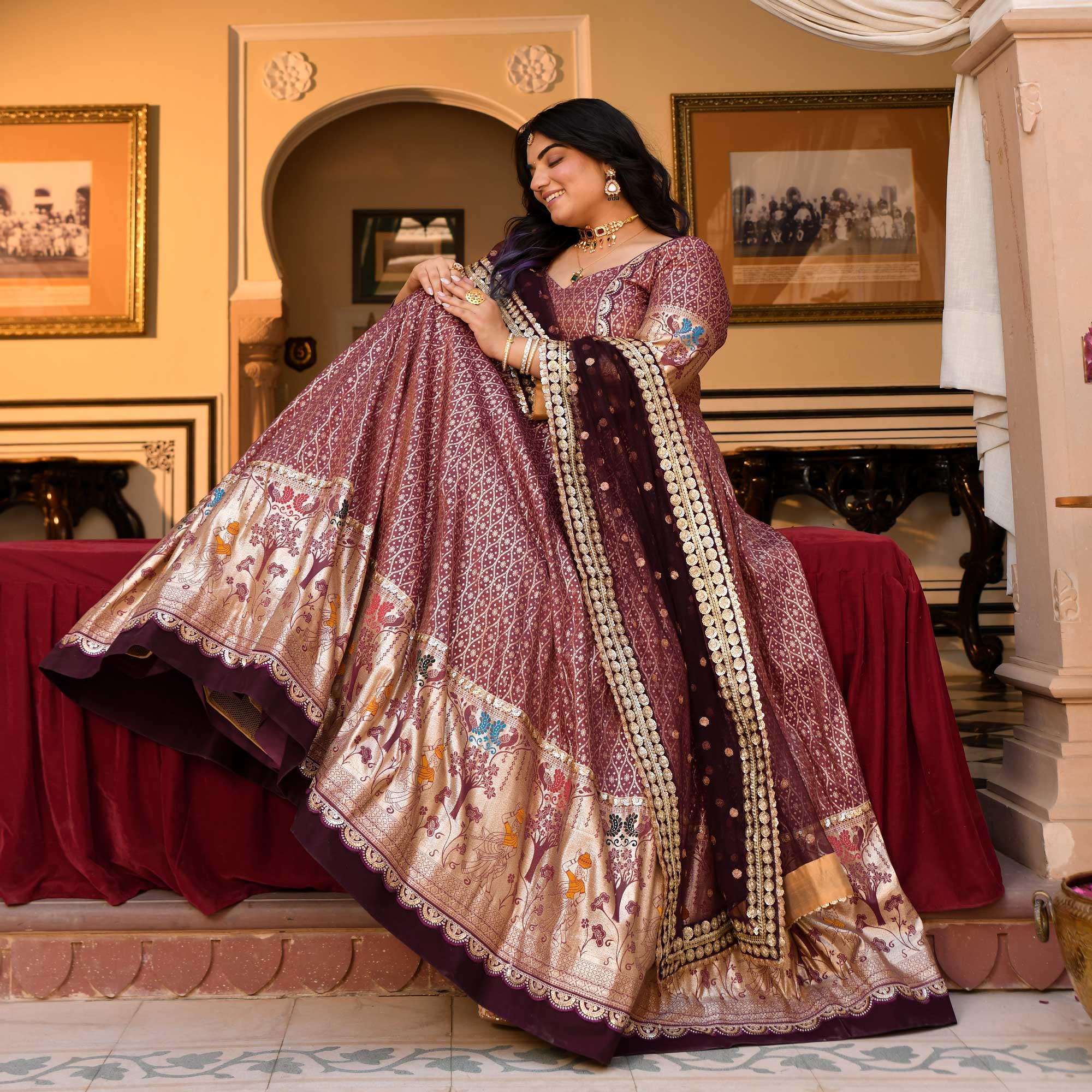 Arunima - Deep Wine Banarasi Silk Anarkali Set