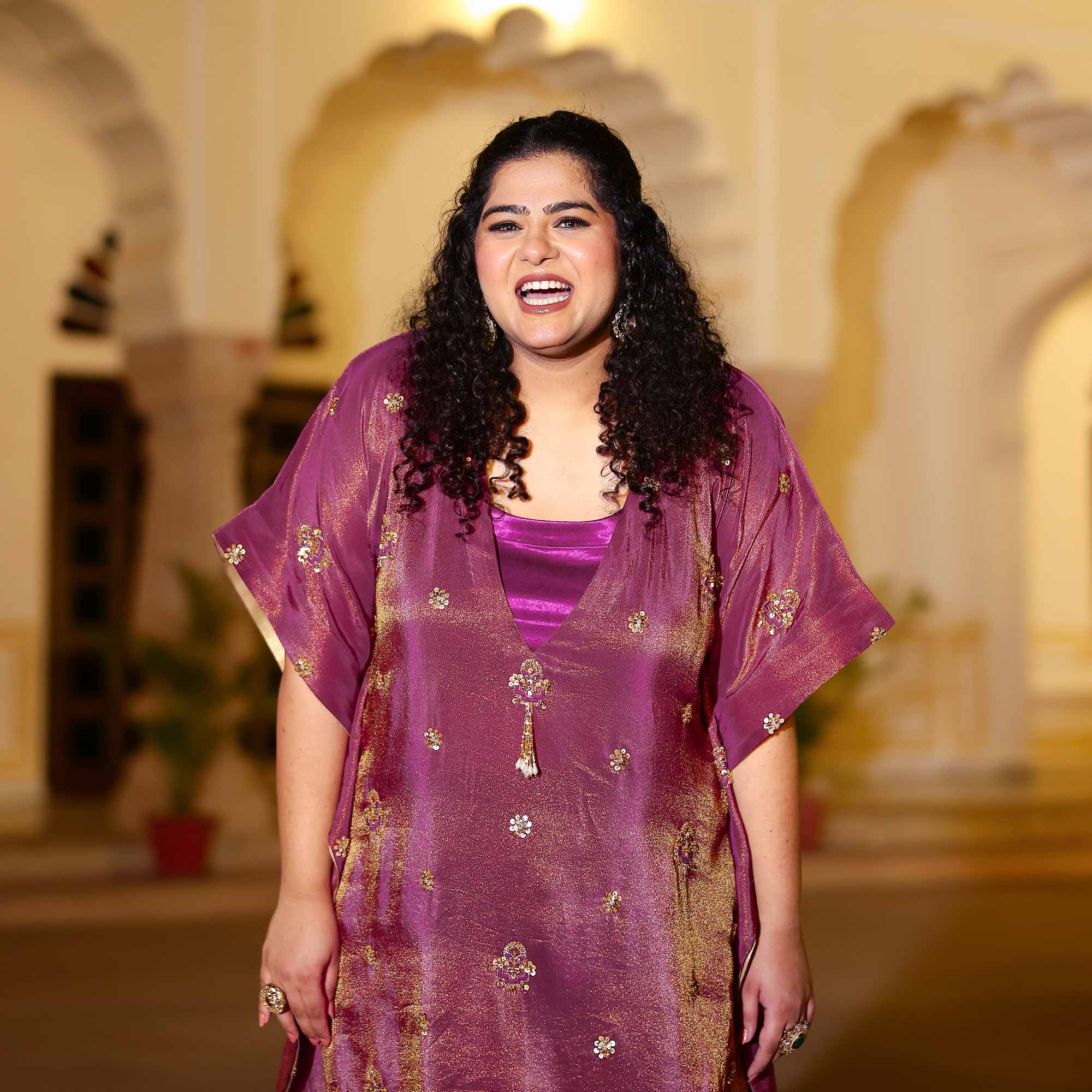 Gold & Plum Pure Tissue Silk Cutdana Kaftan Set