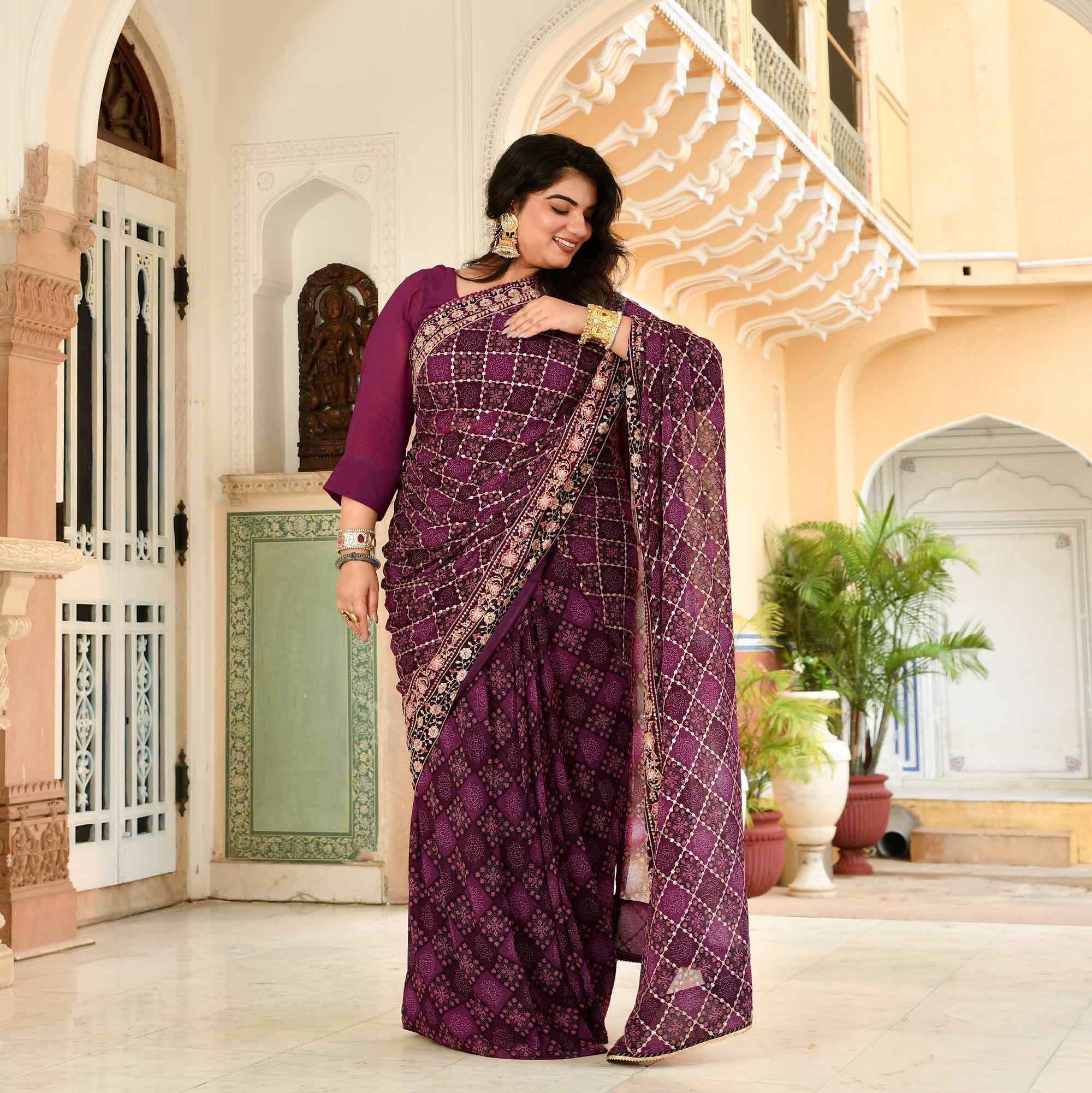 Katha- Shades of Wine Fusion Print Zari Embroidered Pre-Drape Saree