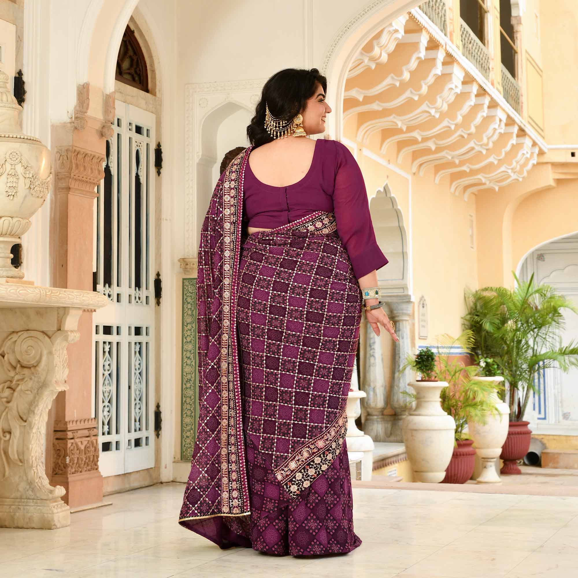 Katha- Shades of Wine Fusion Print Zari Embroidered Pre-Drape Saree