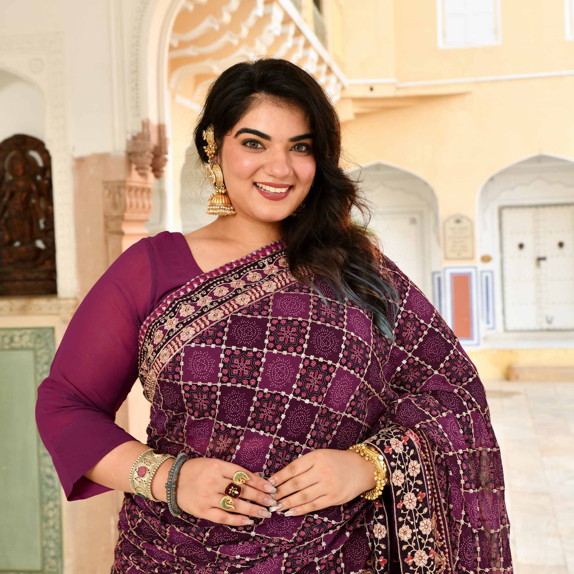 Katha- Shades of Wine Fusion Print Zari Embroidered Pre-Drape Saree