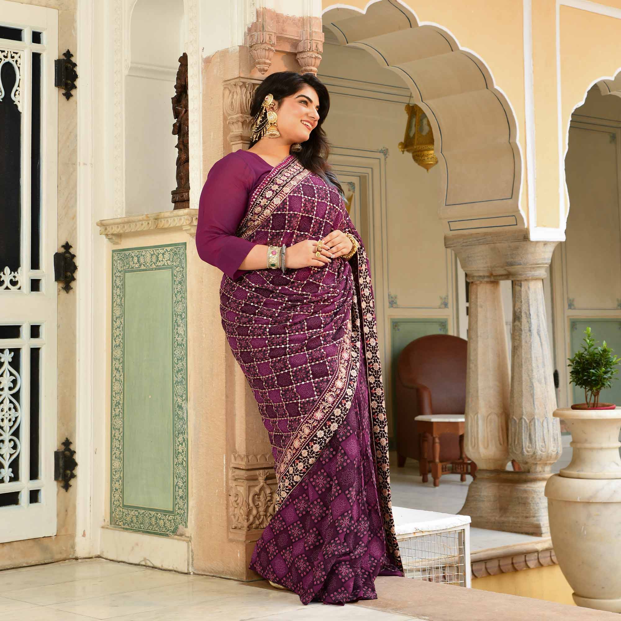 Katha- Shades of Wine Fusion Print Zari Embroidered Pre-Drape Saree