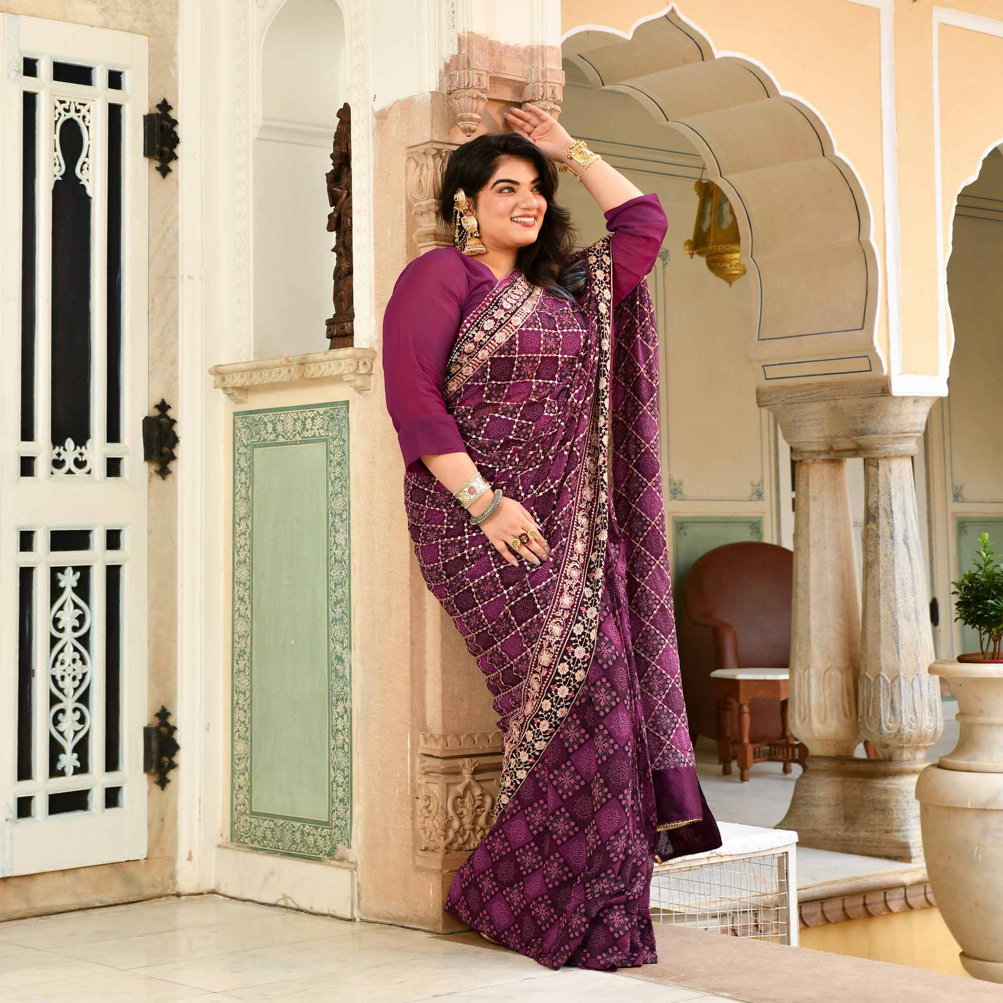 Katha- Shades of Wine Fusion Print Zari Embroidered Pre-Drape Saree