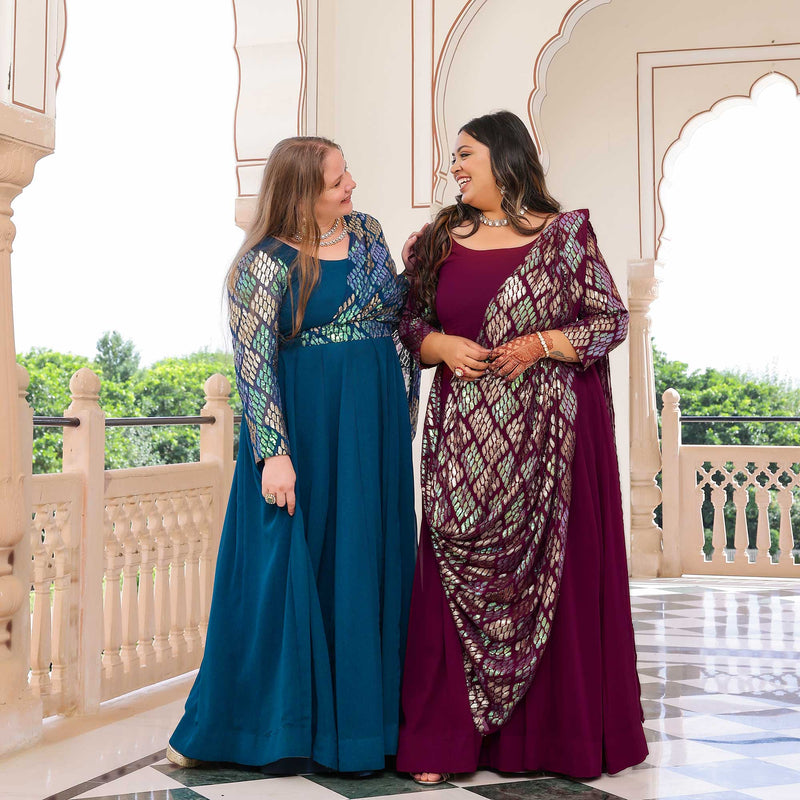 Rich Claret Metallic Sequin Embroidered Anarkali  With Drape
