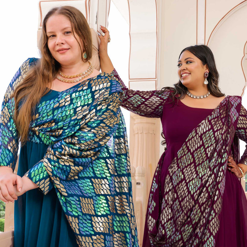 Rich Claret Metallic Sequin Embroidered Anarkali  With Drape