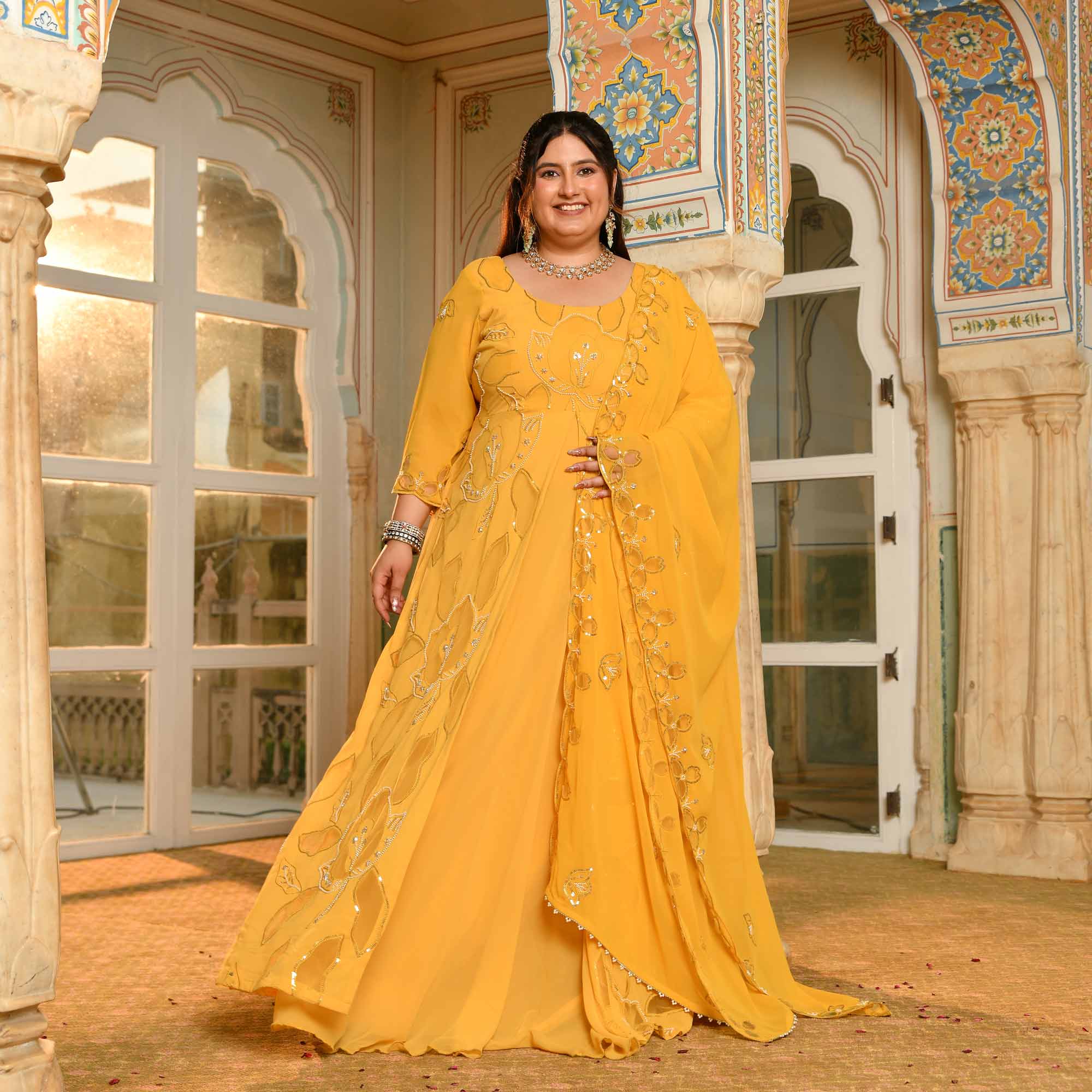 Surya Mahal - Yellow Cutdana Embroidery Georgette Anarkali Dress