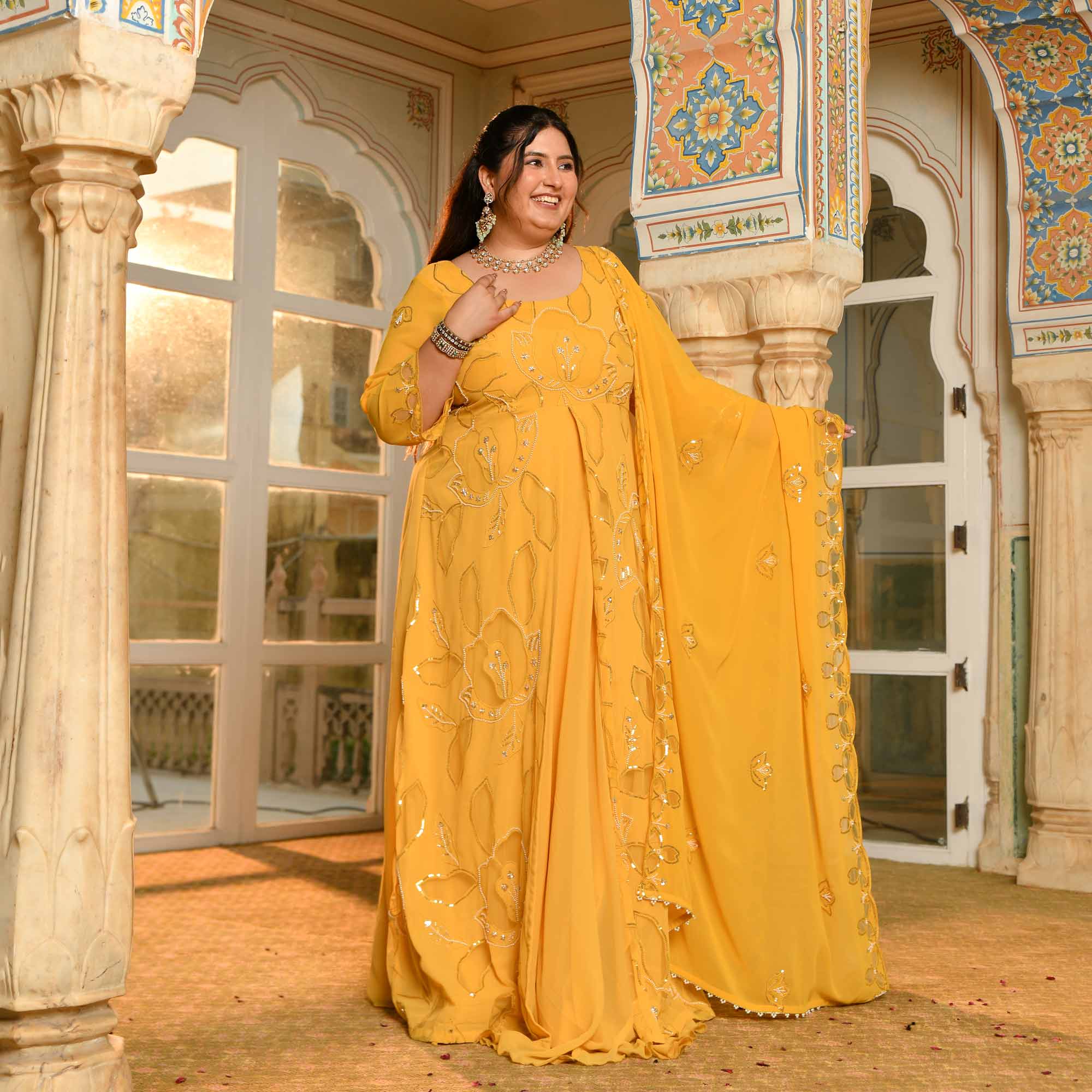 Surya Mahal - Yellow Cutdana Embroidery Georgette Anarkali Dress