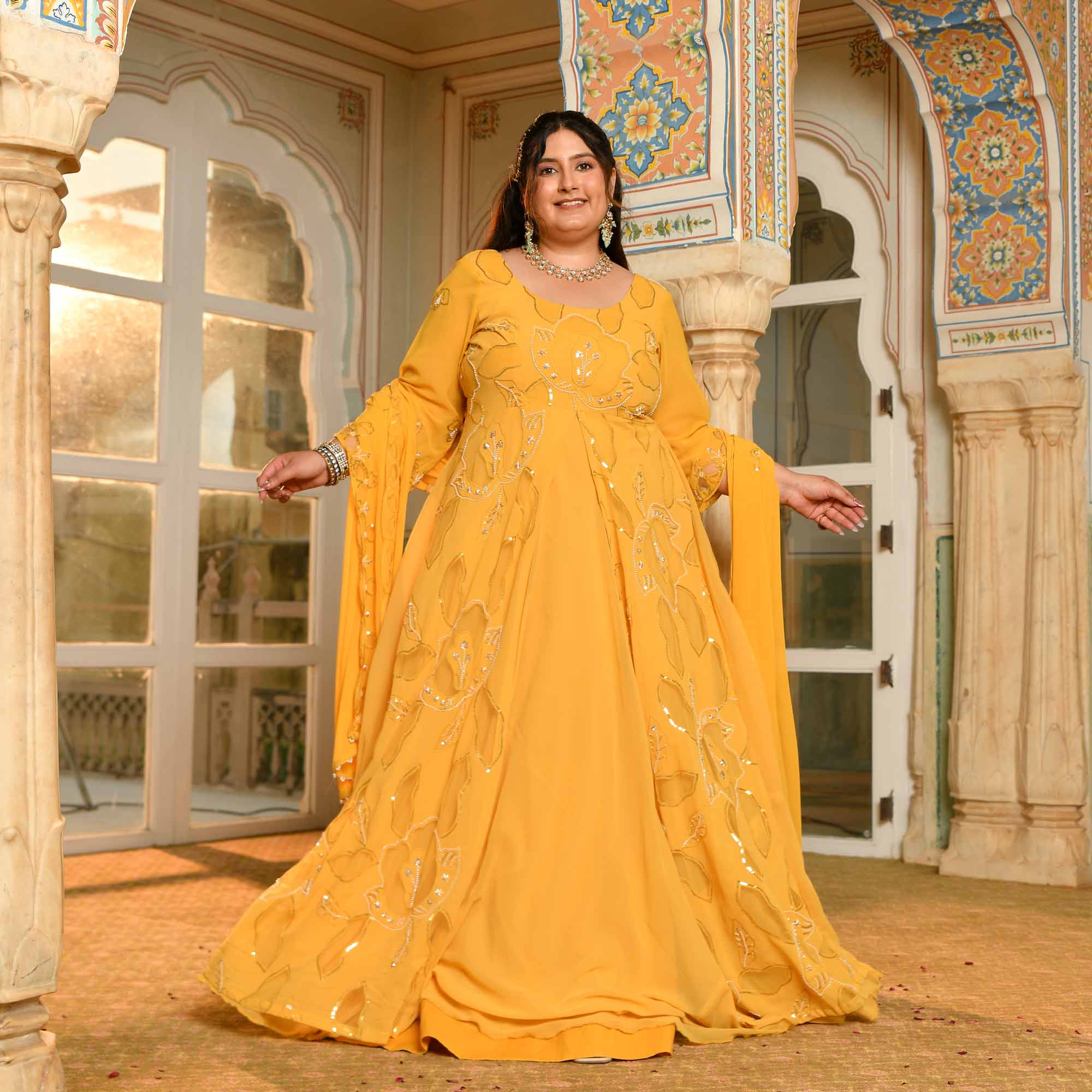 Surya Mahal - Yellow Cutdana Embroidery Georgette Anarkali Dress