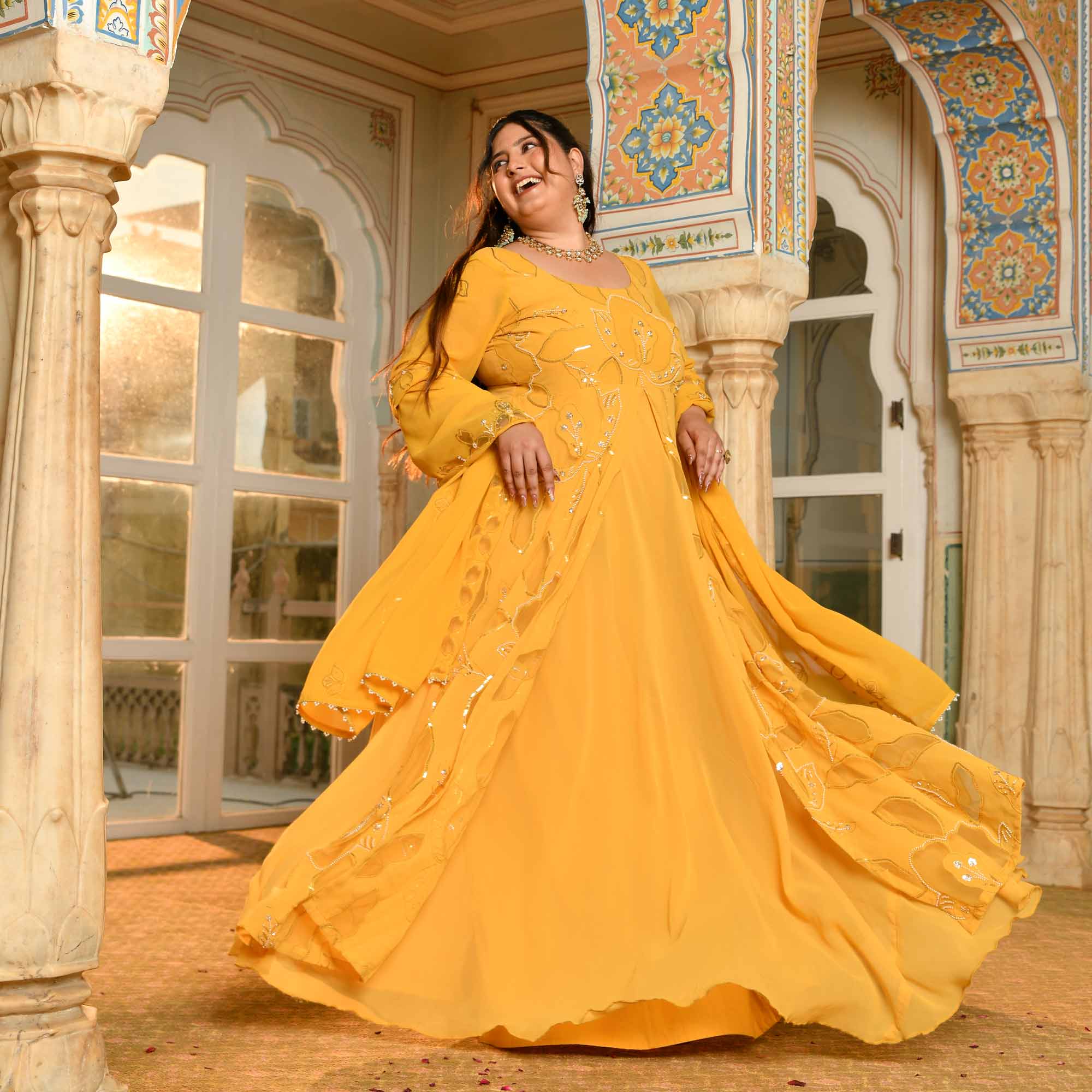 Surya Mahal - Yellow Cutdana Embroidery Georgette Anarkali Dress
