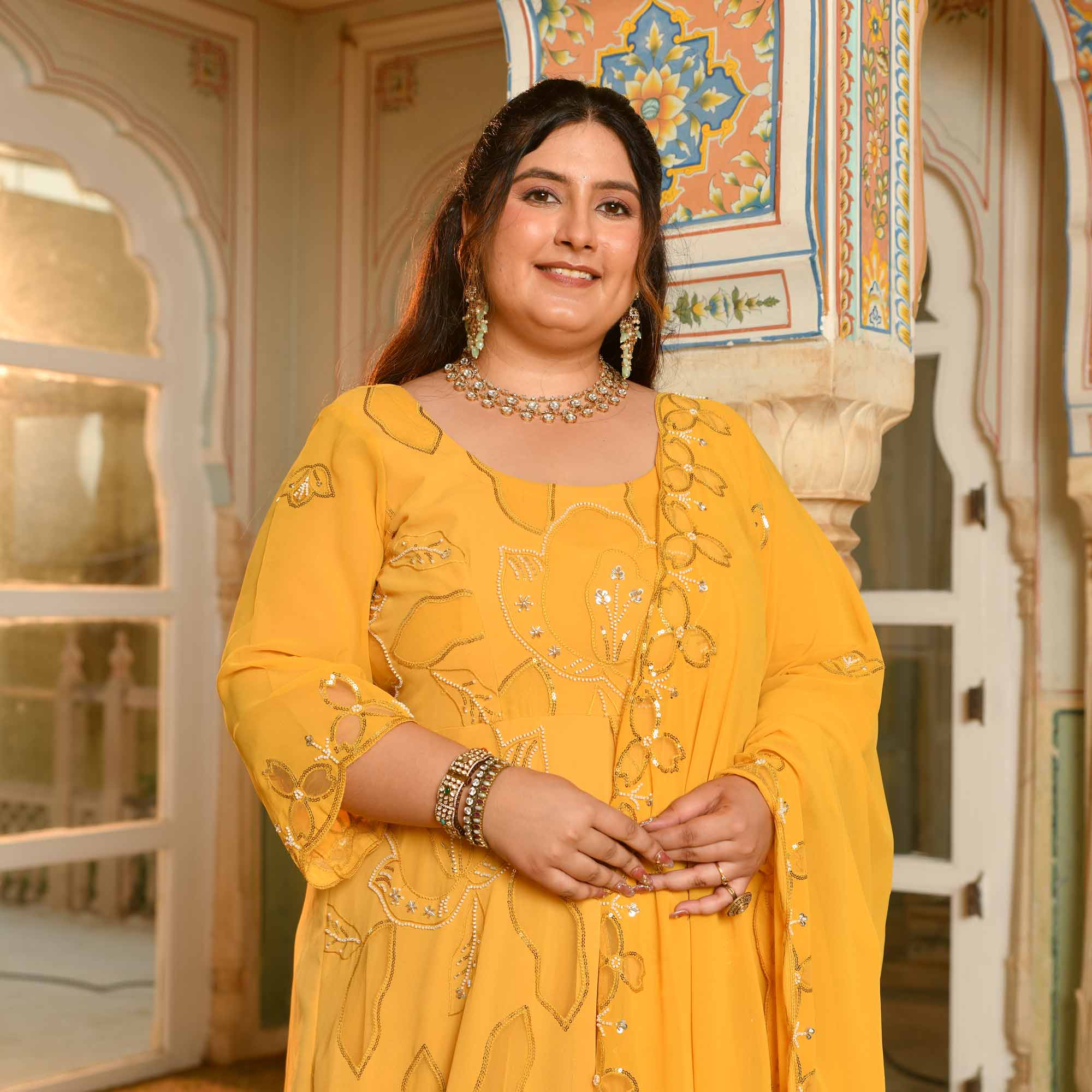 Surya Mahal - Yellow Cutdana Embroidery Georgette Anarkali Dress