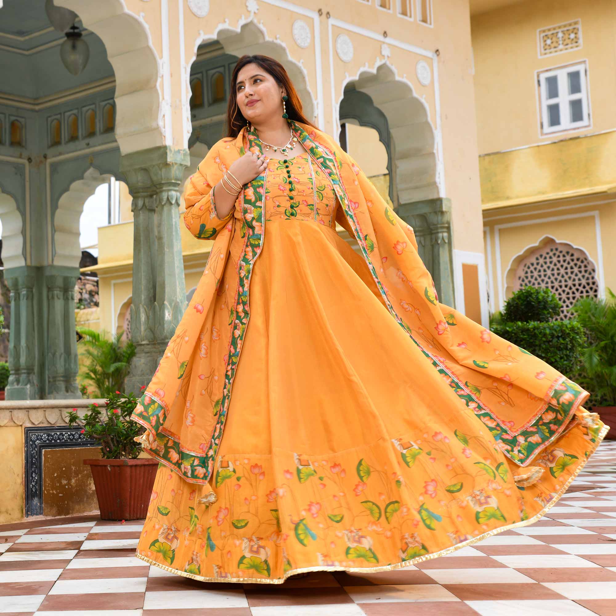 Zafrani-Mustard Yellow Tissue Silk Pichwai Printed Anarkali Set
