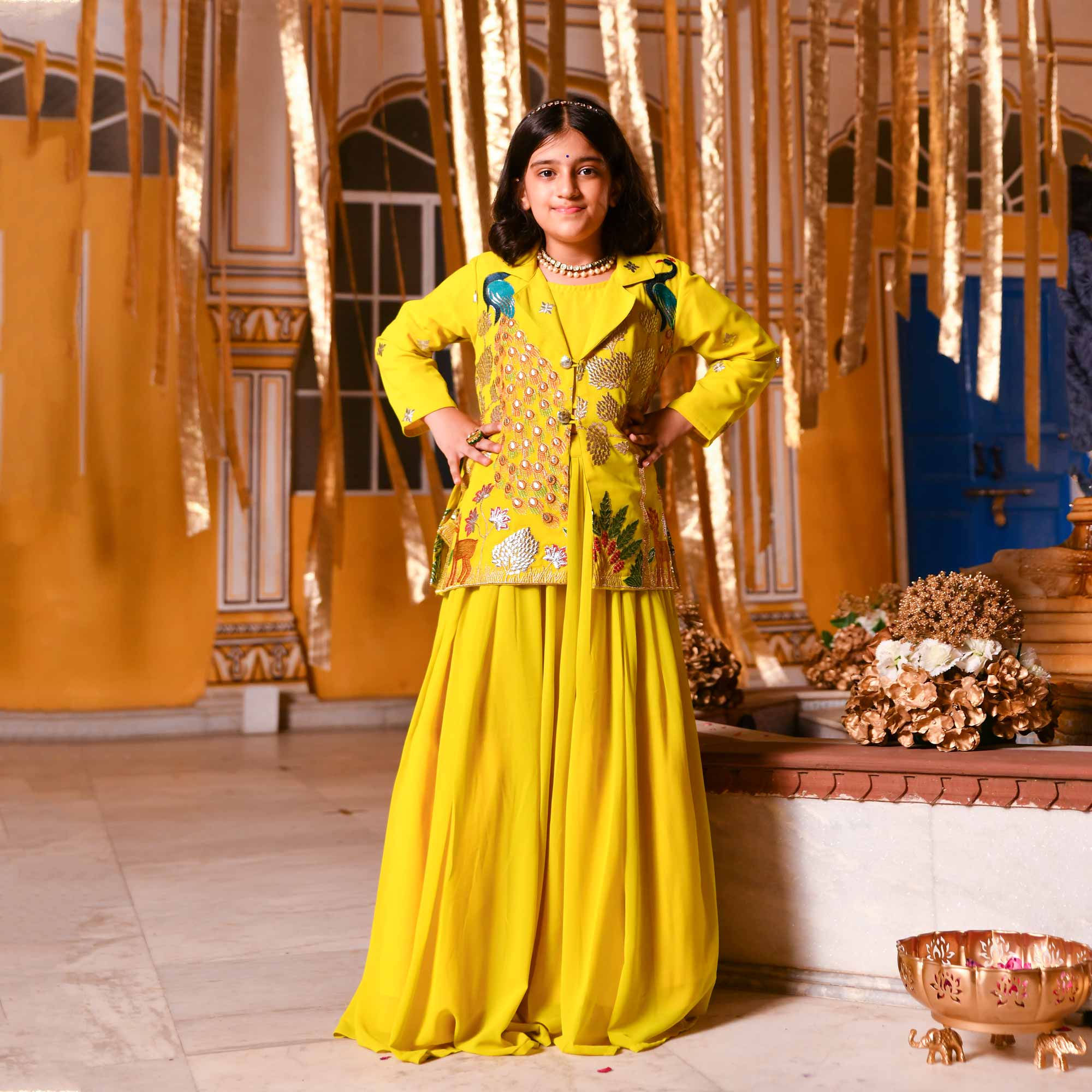 Golden Feather Kids Georgette Blazer Lehenga Set