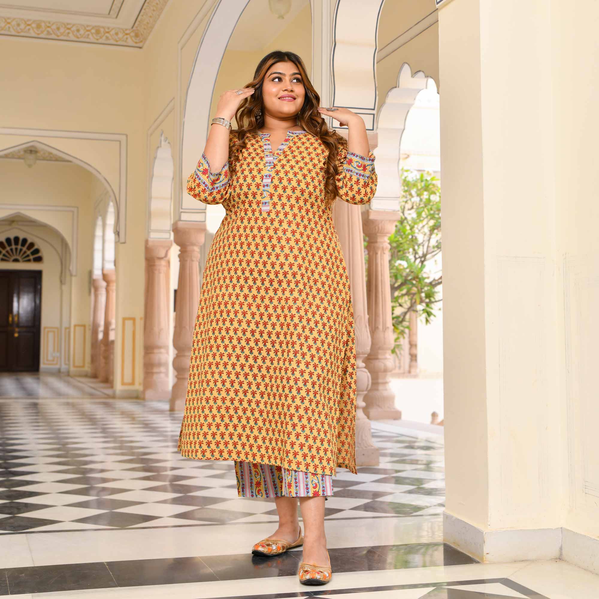 Gilded Grace Floral Cotton Kurta with Pants Set