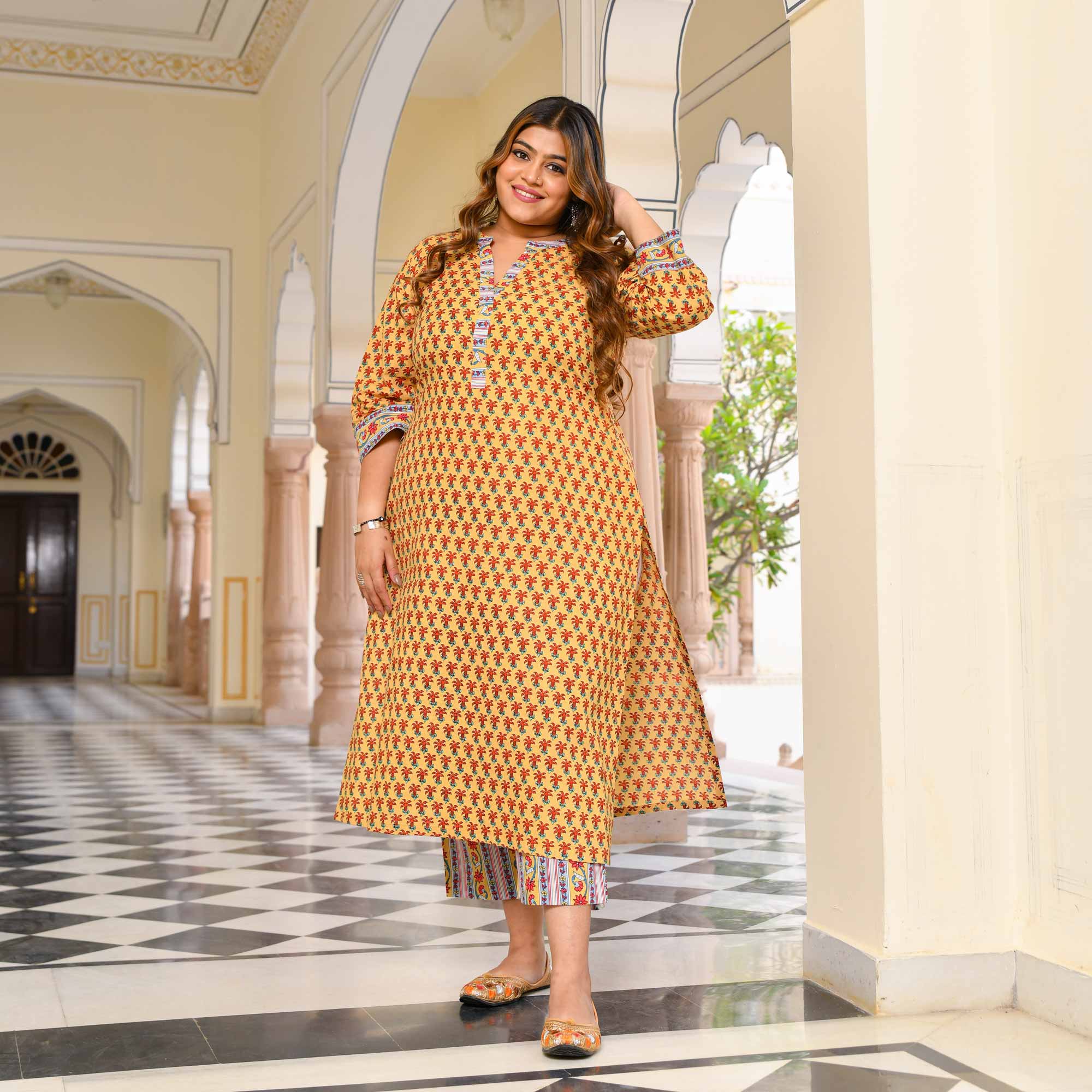 Gilded Grace Floral Cotton Kurta with Pants Set
