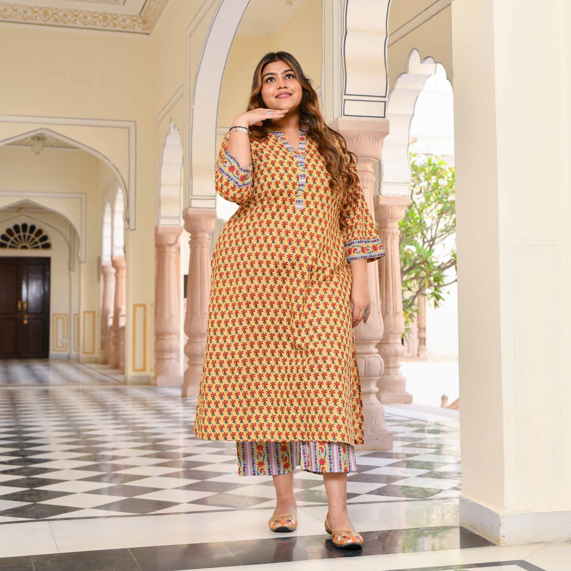 Gilded Grace Floral Cotton Kurta with Pants Set