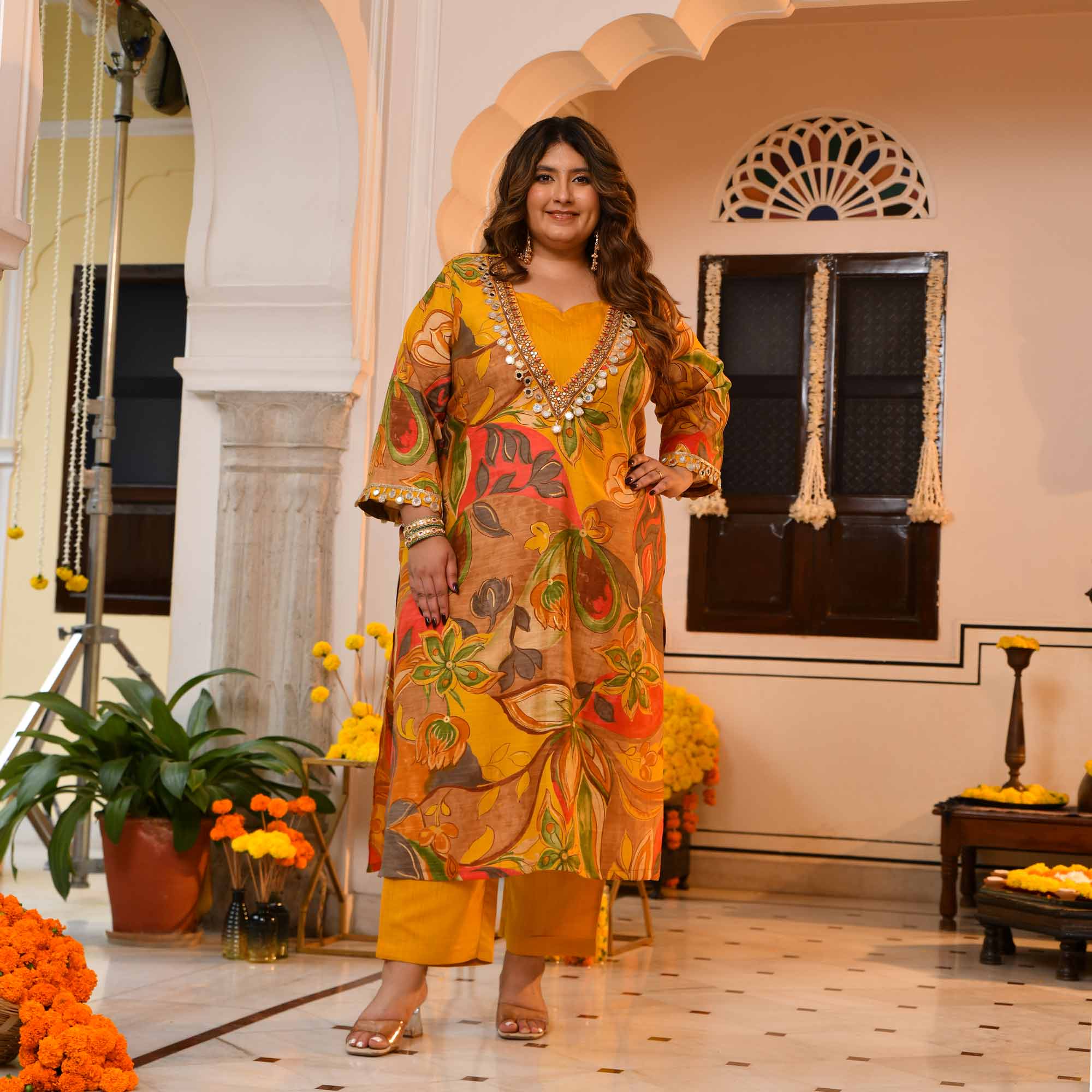 Deep- Yellow Abstract Print Modal Cape Set