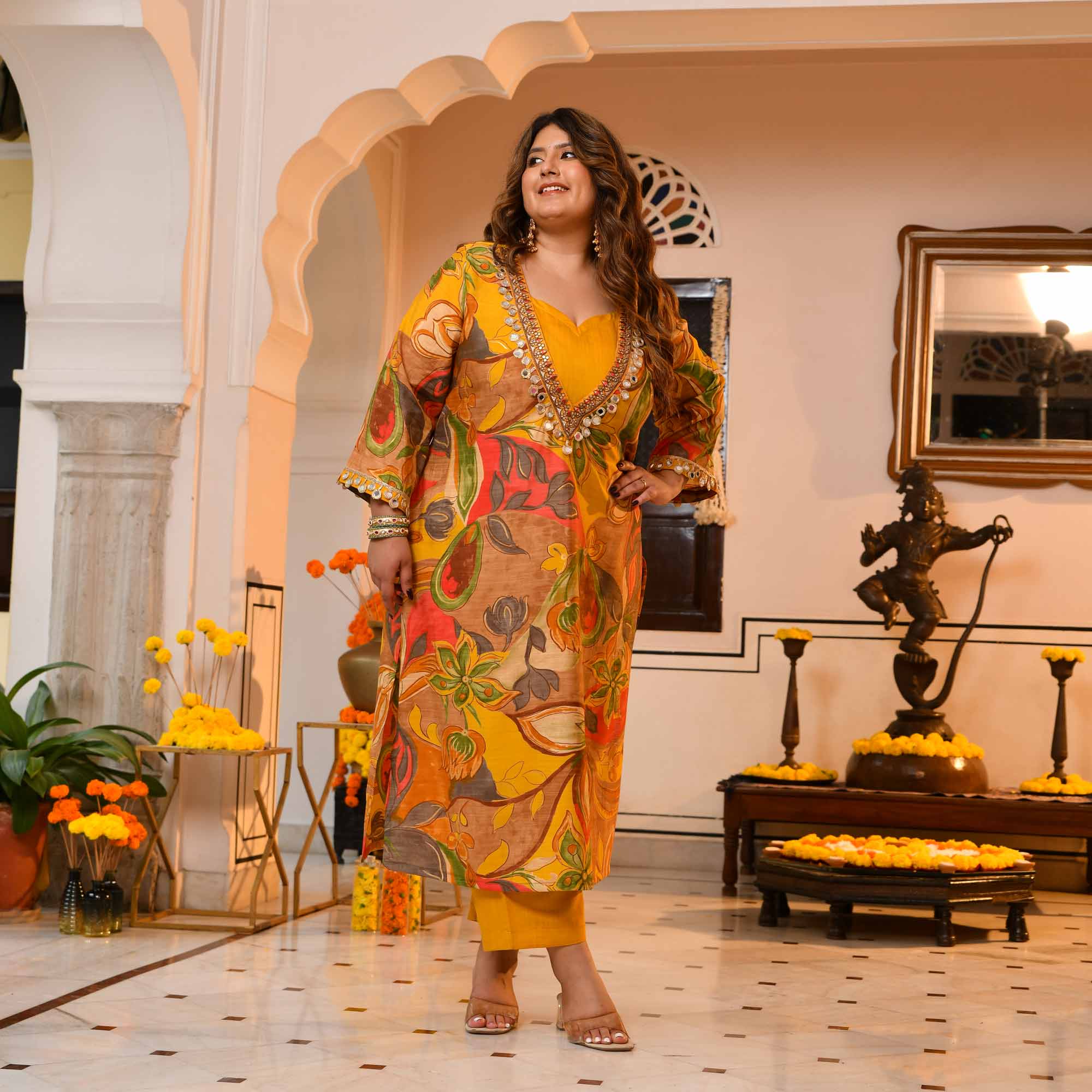 Deep- Yellow Abstract Print Modal Cape Set